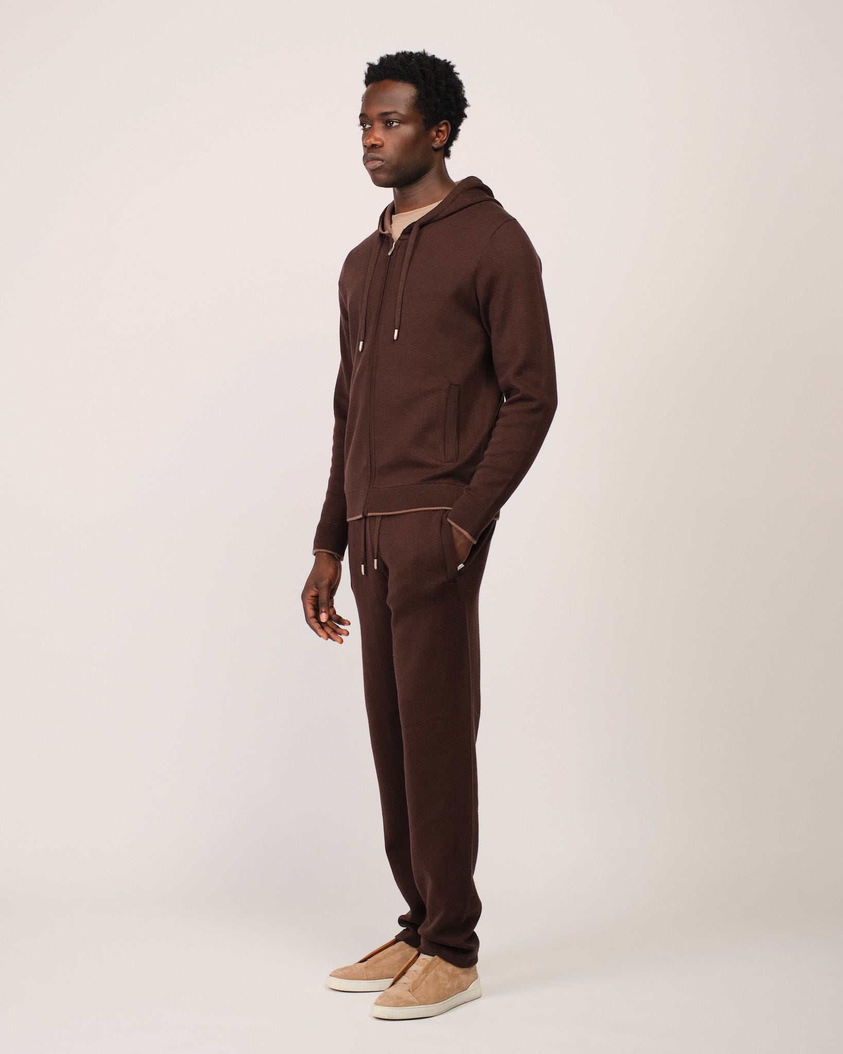 Two Tone Knitwear Tracksuit Dark Brown Beige