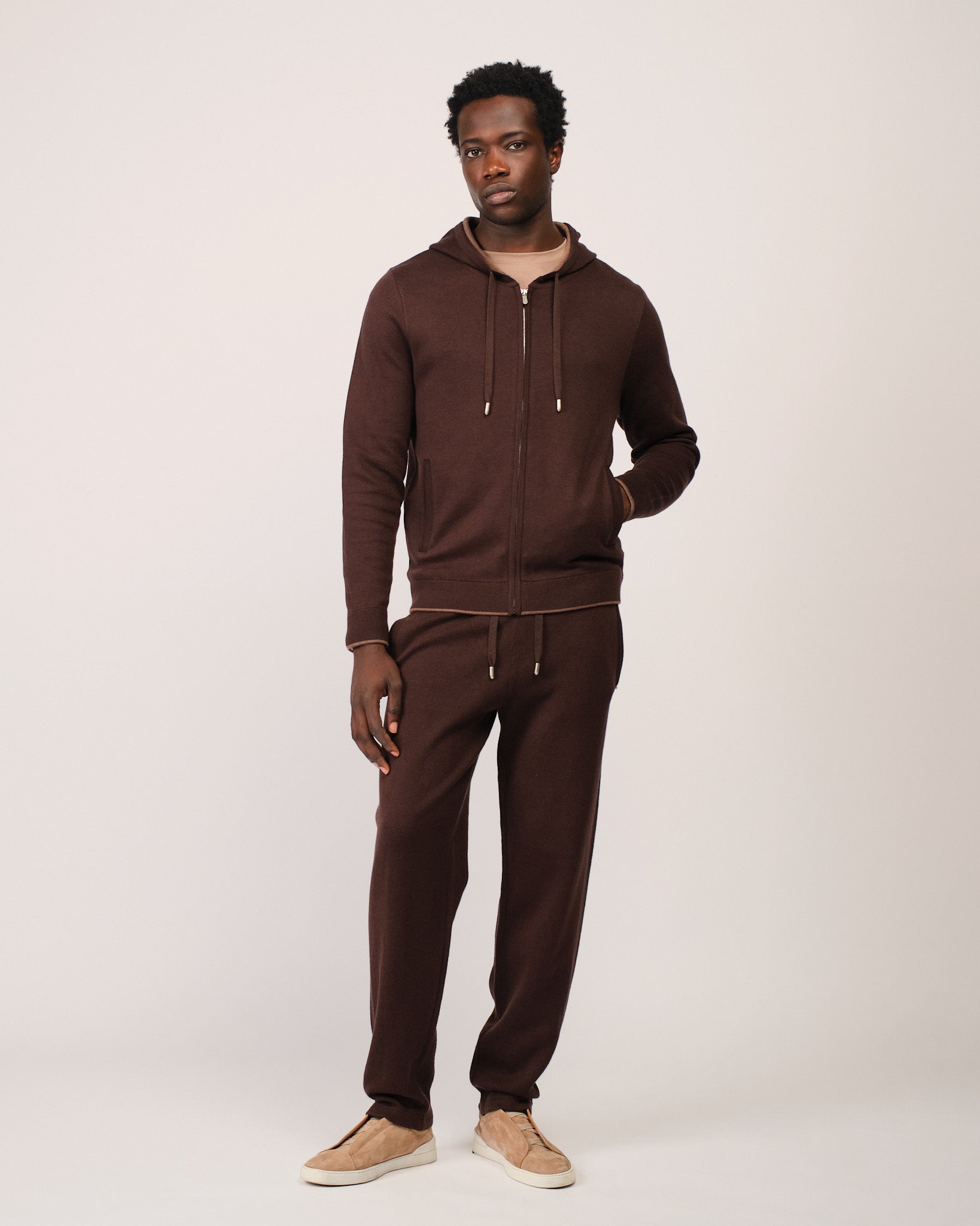 Two Tone Knitwear Tracksuit Dark Brown Beige