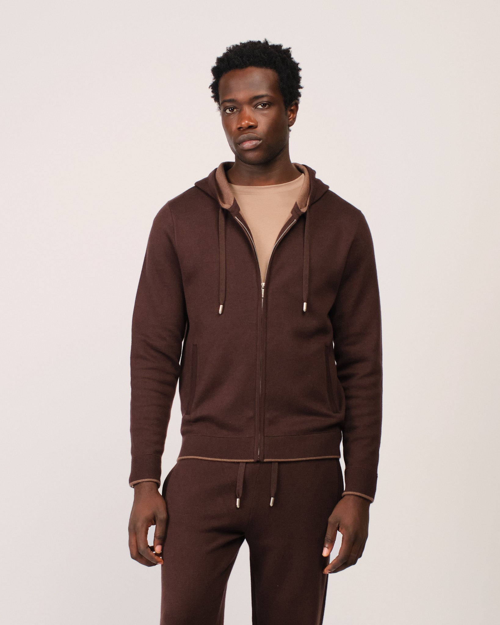 Two Tone Knitwear Tracksuit Dark Brown Beige