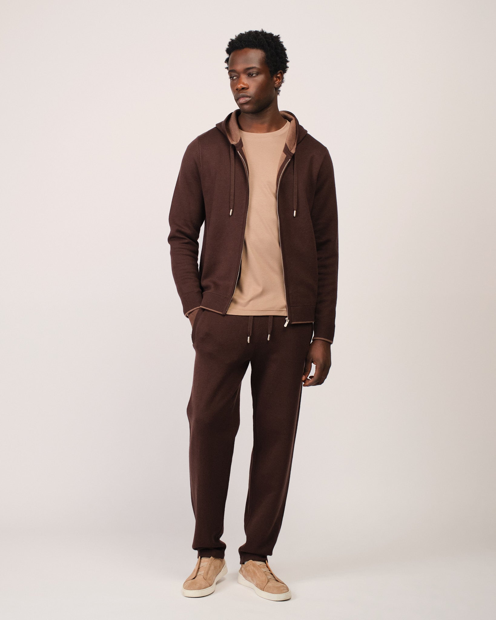Two Tone Knitwear Tracksuit Dark Brown Beige
