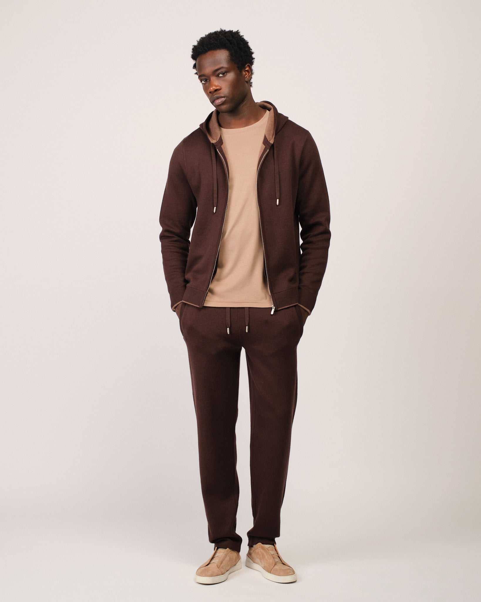 Two Tone Knitwear Tracksuit Dark Brown Beige