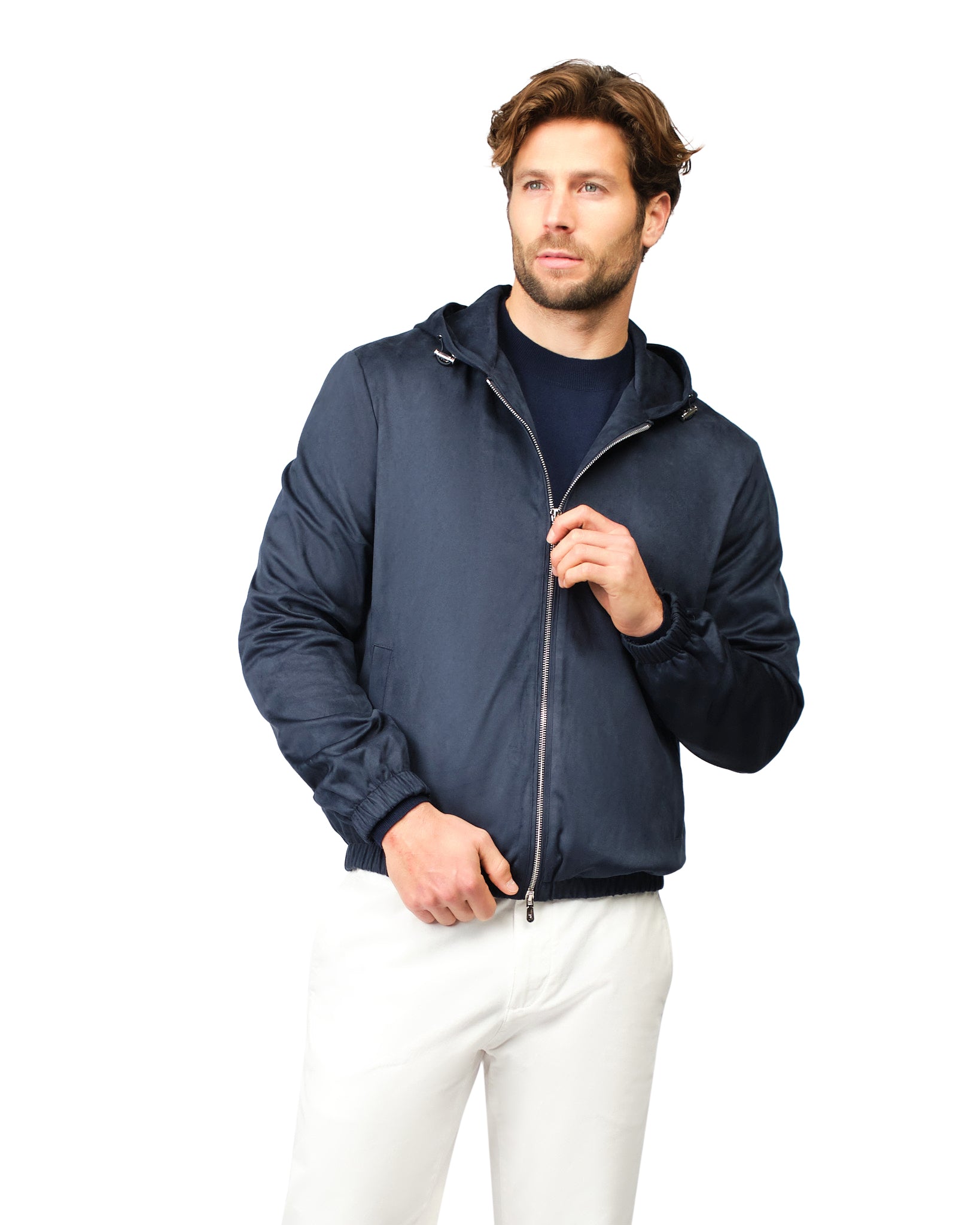 Man wearing a navy blue jacket on a white background