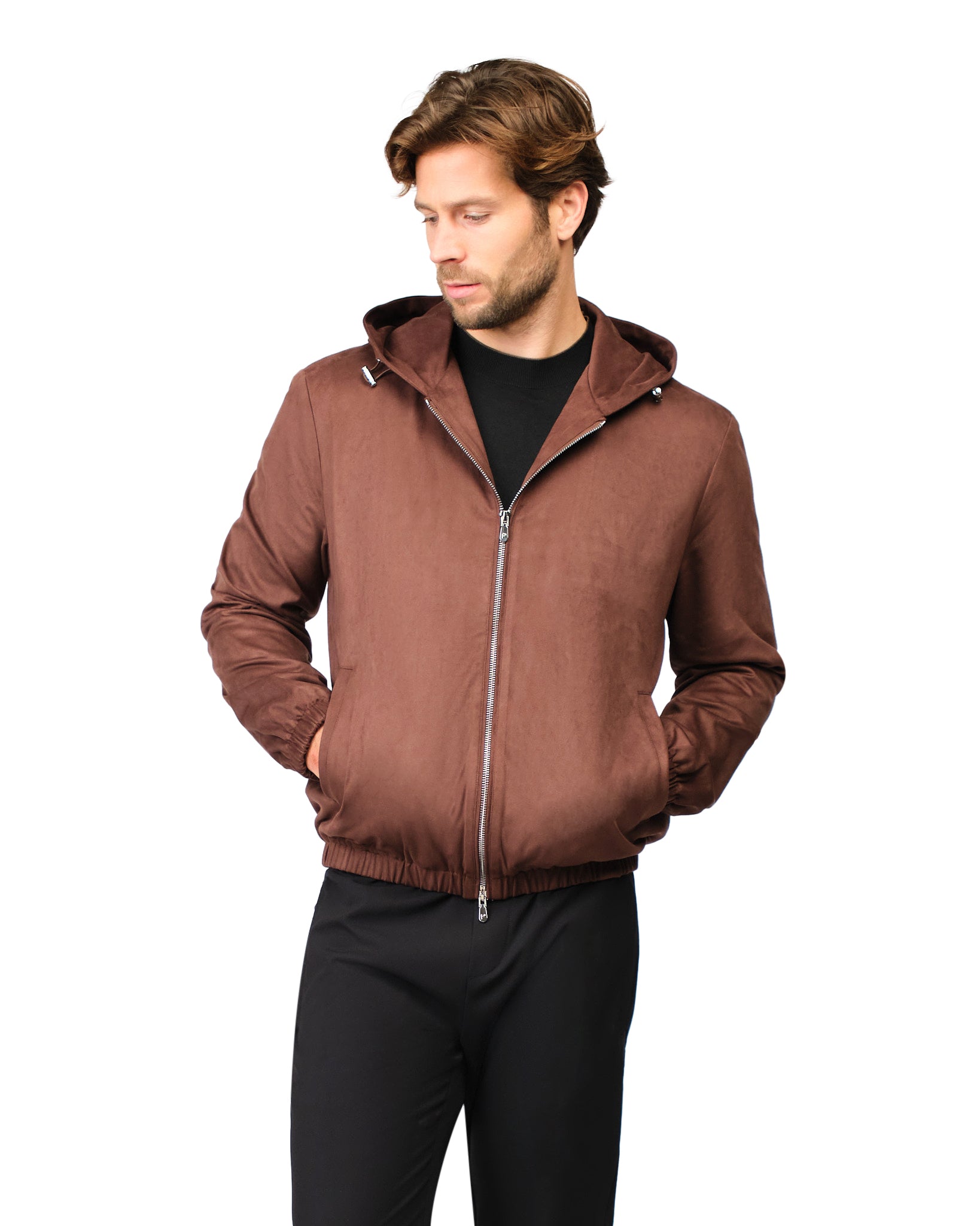 Man wearing a brown jacket on a white background