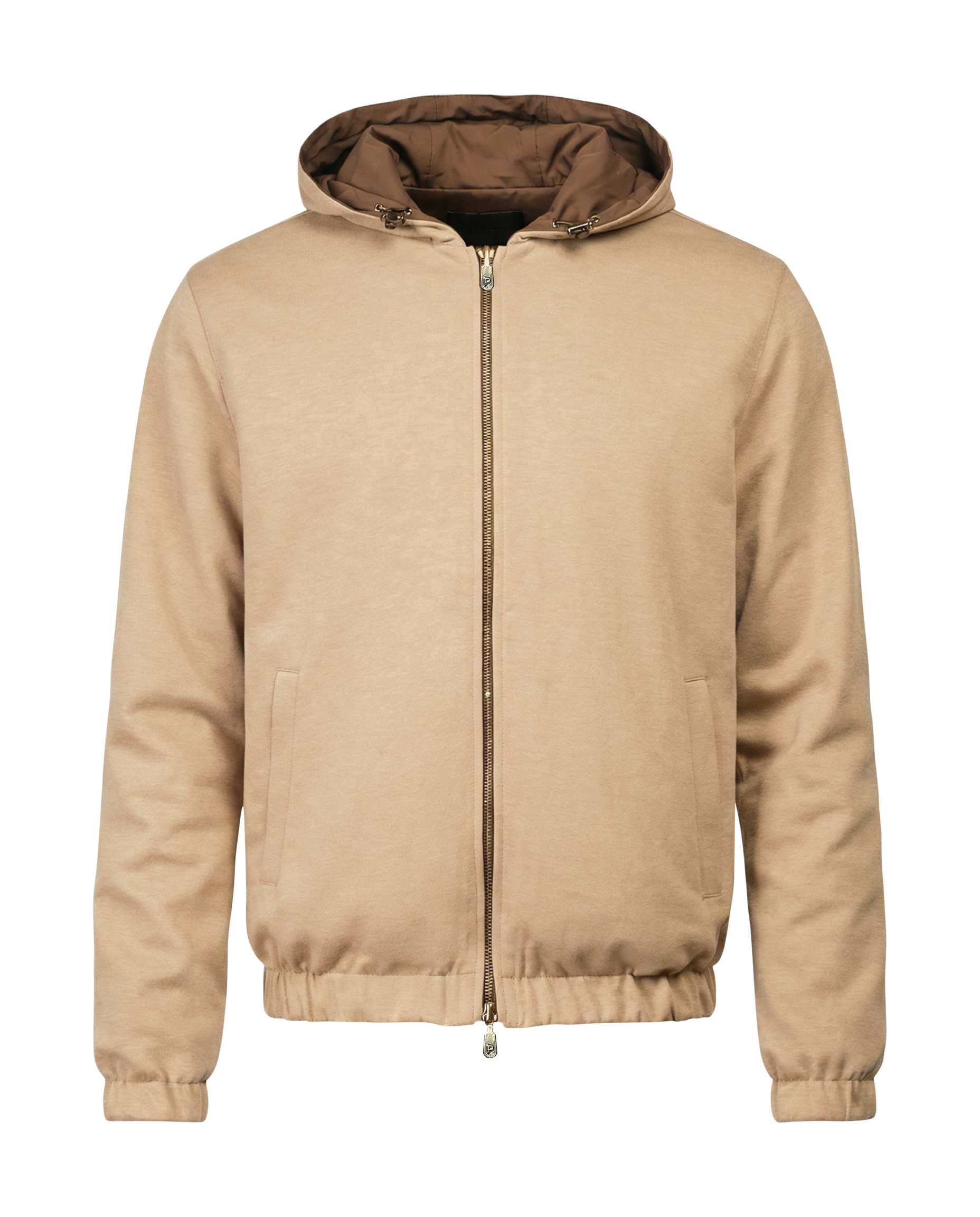 Beige jacket with a brown hood on a white background