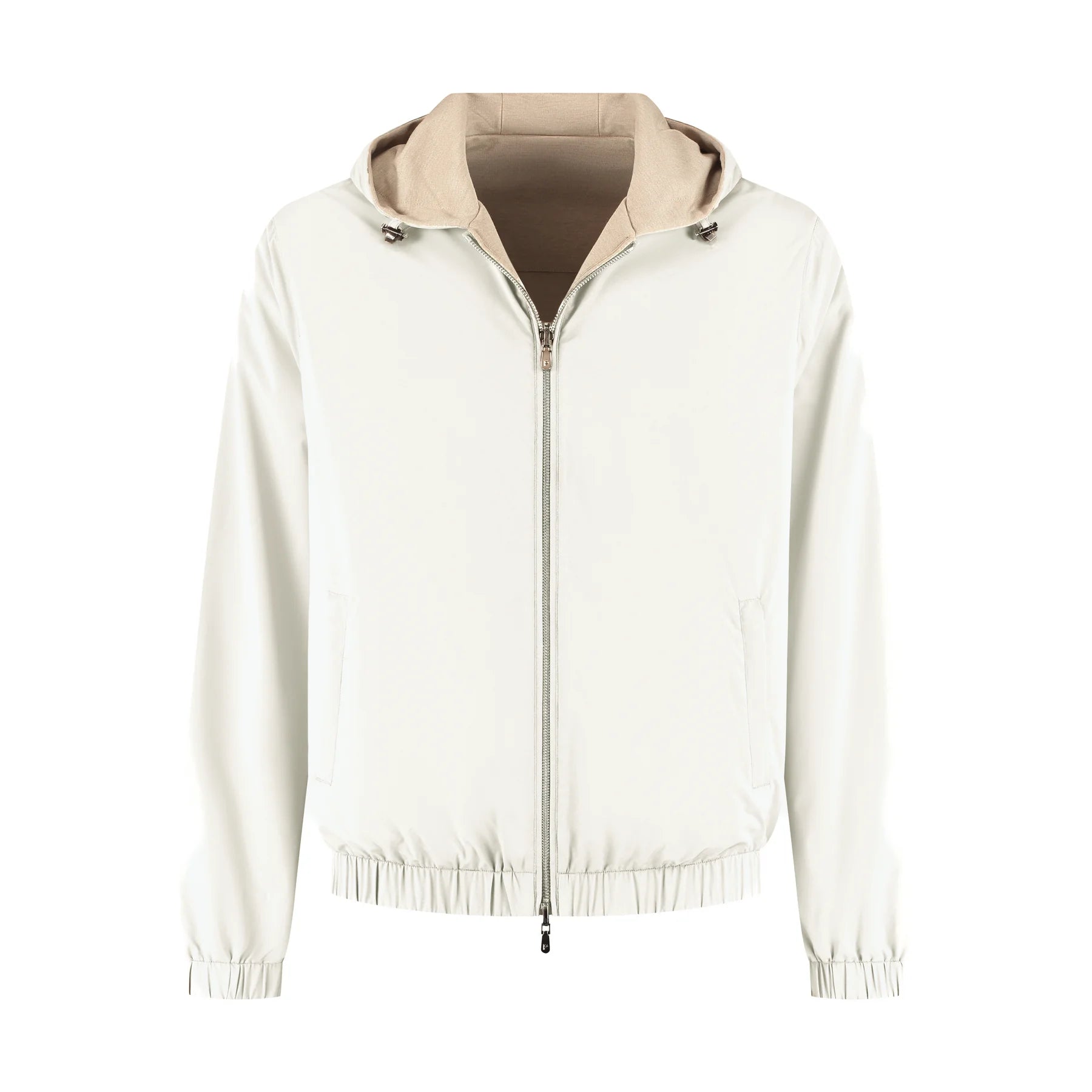 White jacket with beige hood on a white background
