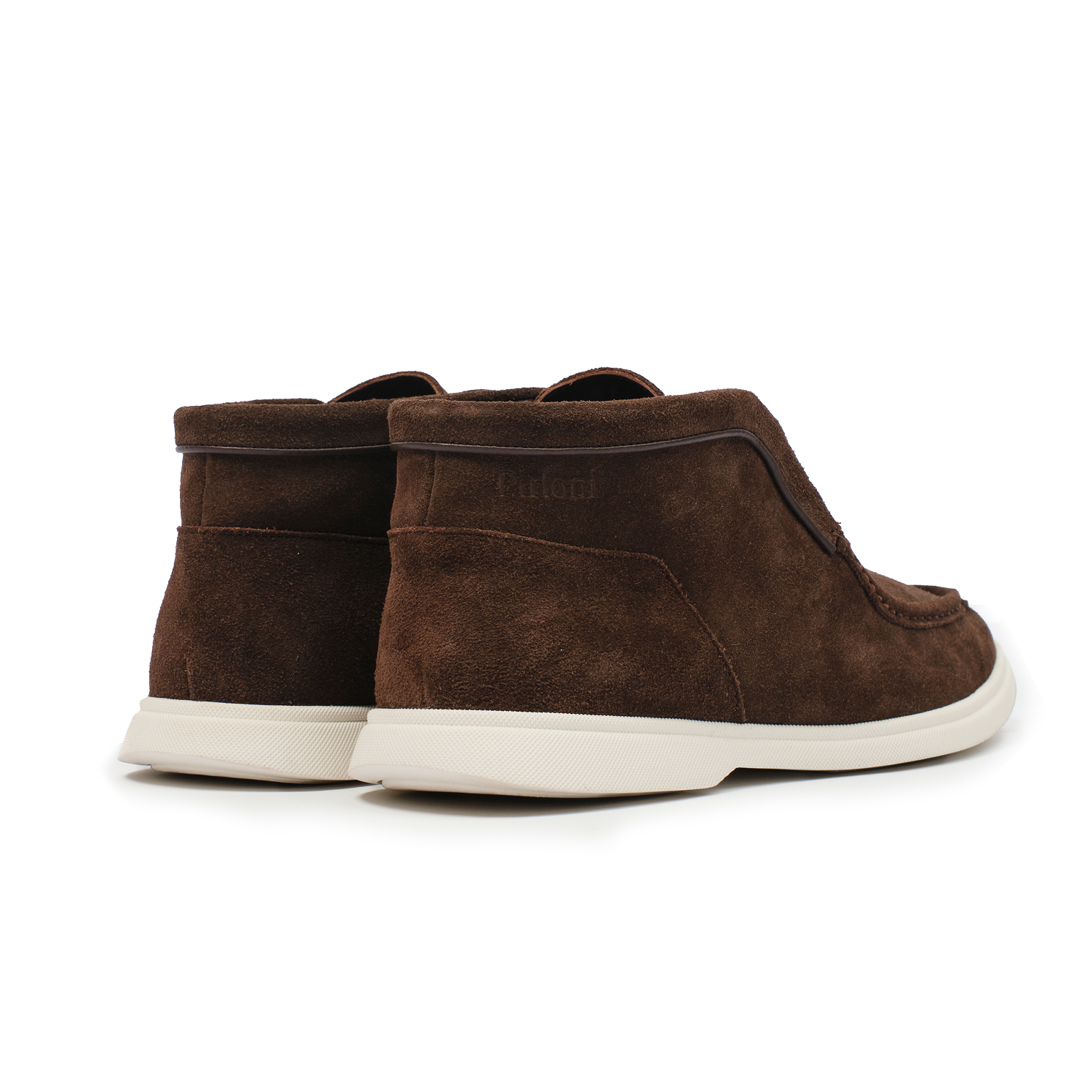 Pair of brown suede high-top shoes on a white background