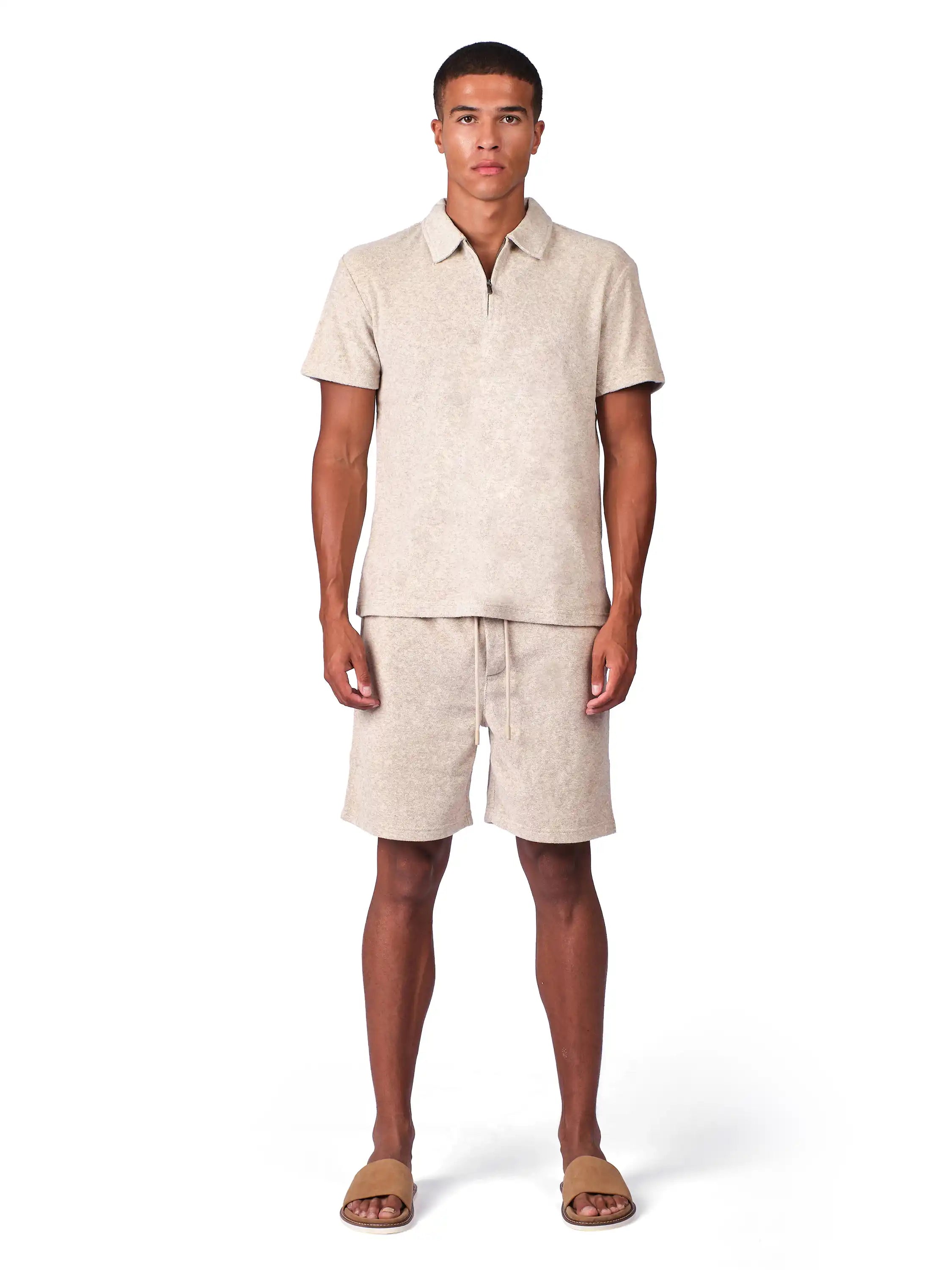 Beige Terry Resort Shorts for men with drawstring waist and relaxed summer fit