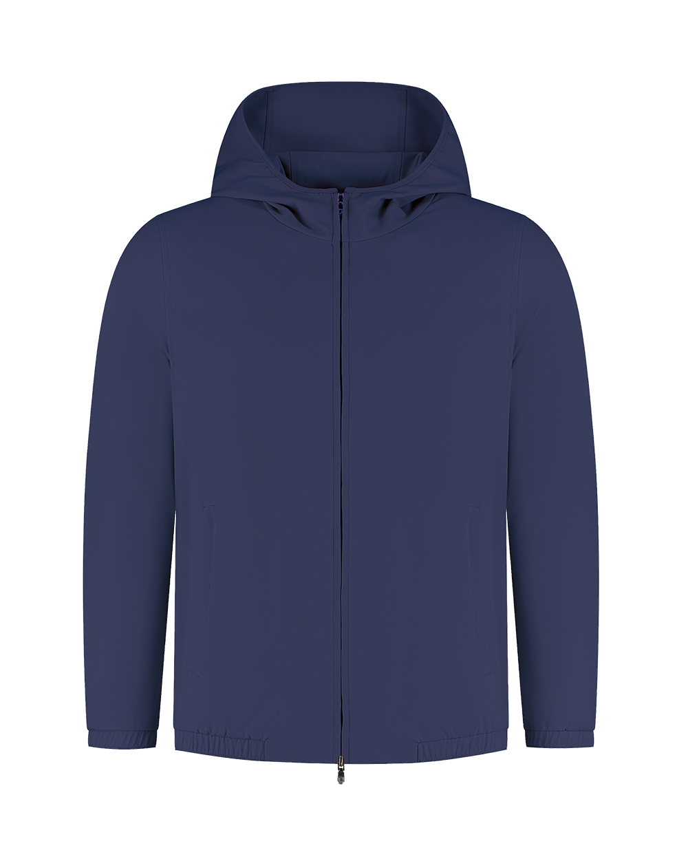 Navy blue hooded jacket on a white background