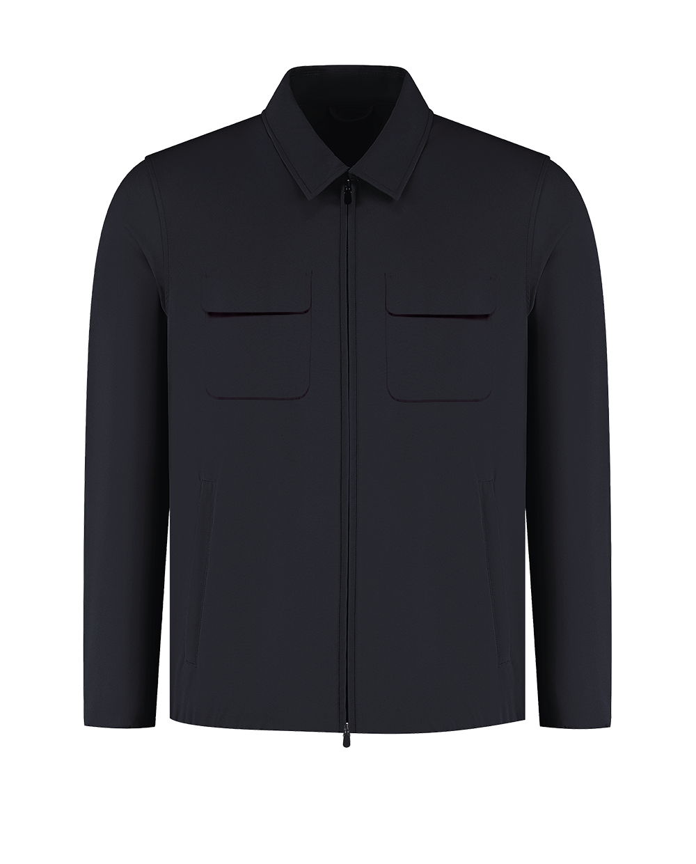 Black jacket with two front pockets on a white background