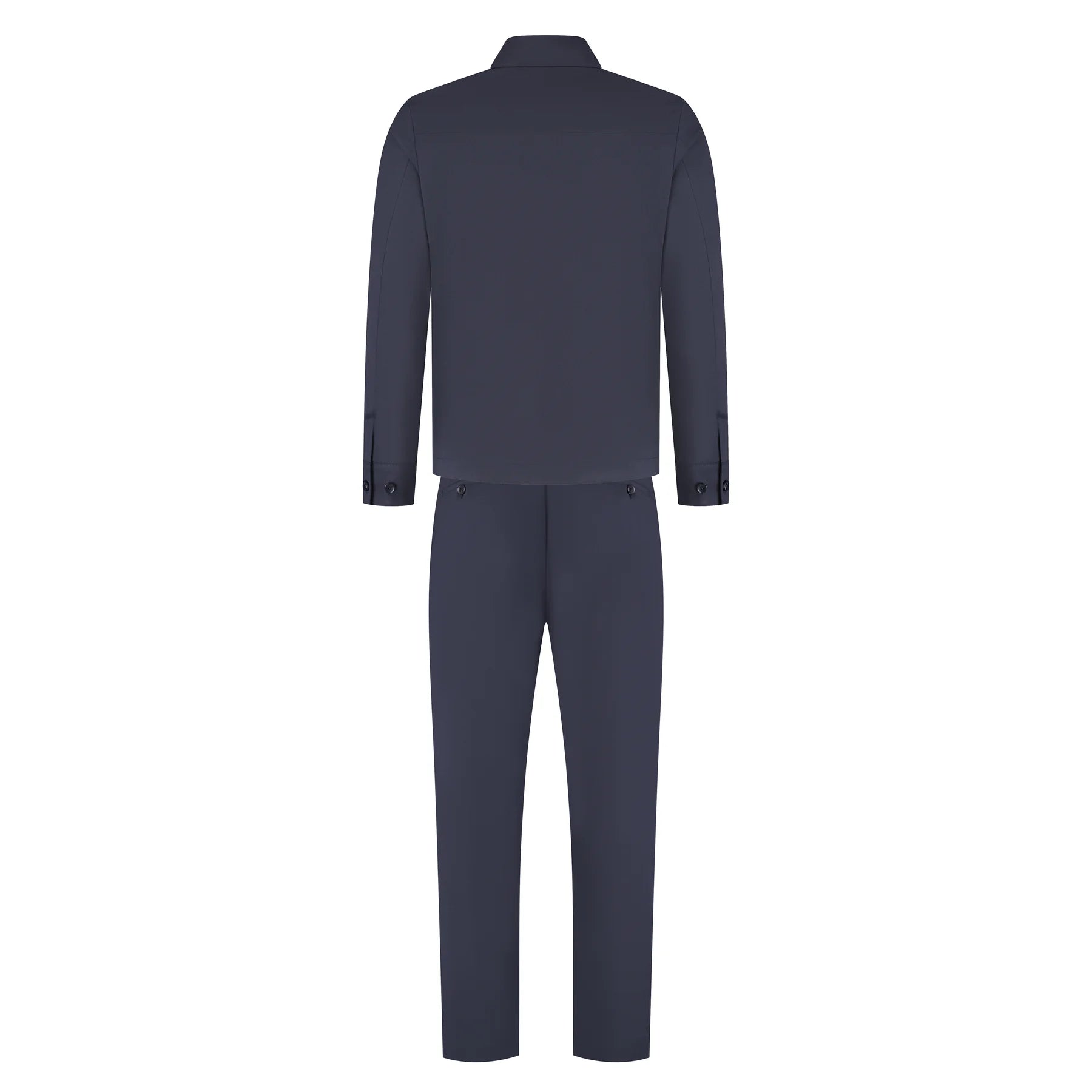 Navy blue suit jacket and pants on a white background