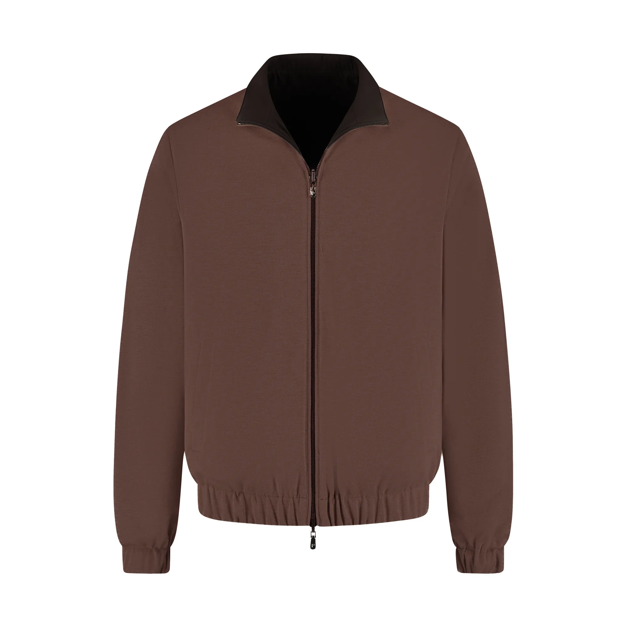 Brown jacket with black collar on a white background