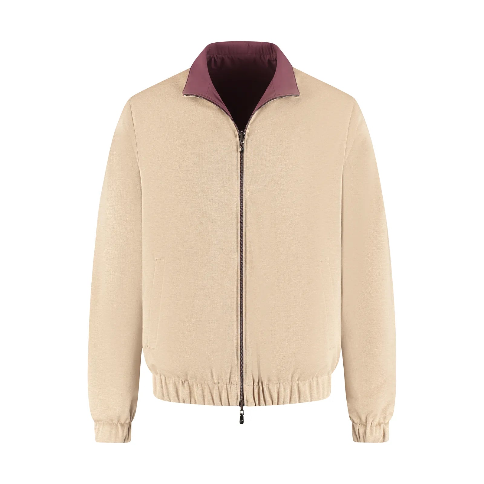 Beige jacket with a purple collar on a white background