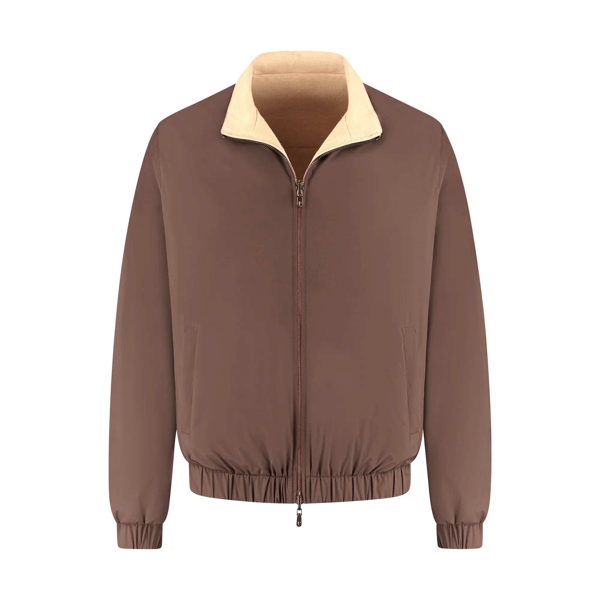Brown jacket with beige collar on a white background