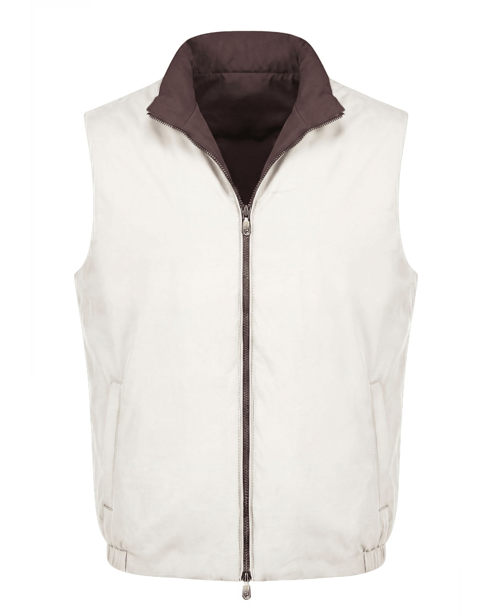 White puffer vest with brown collar on a white background
