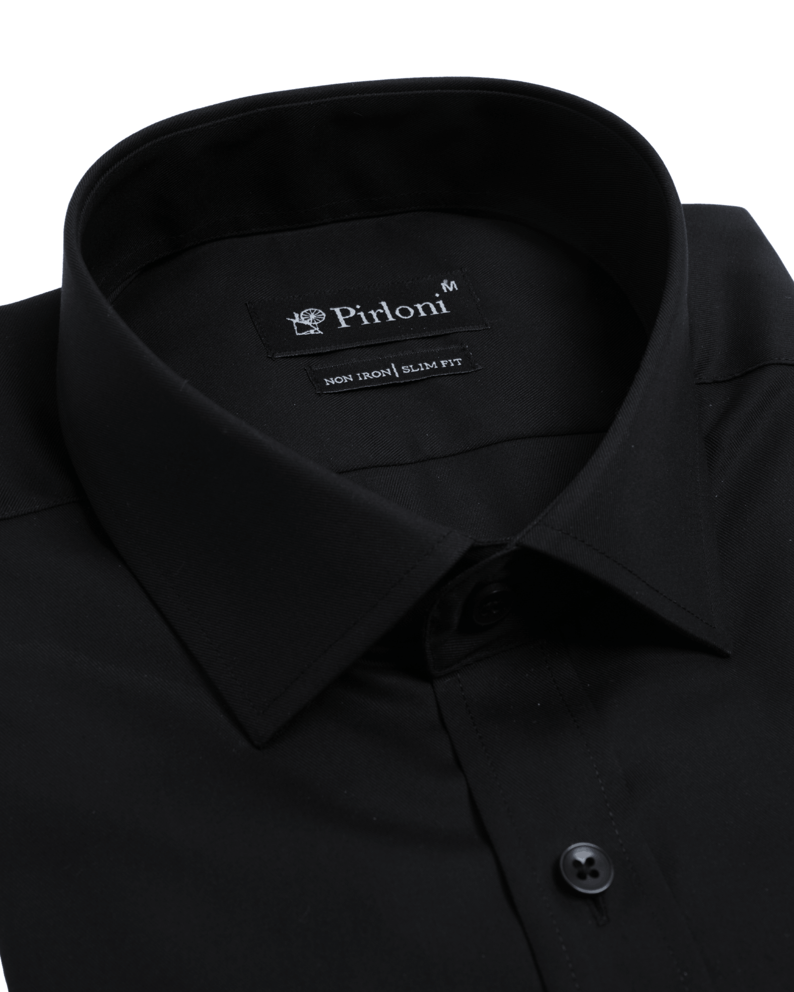Black dress shirt with a visible brand label on a black background