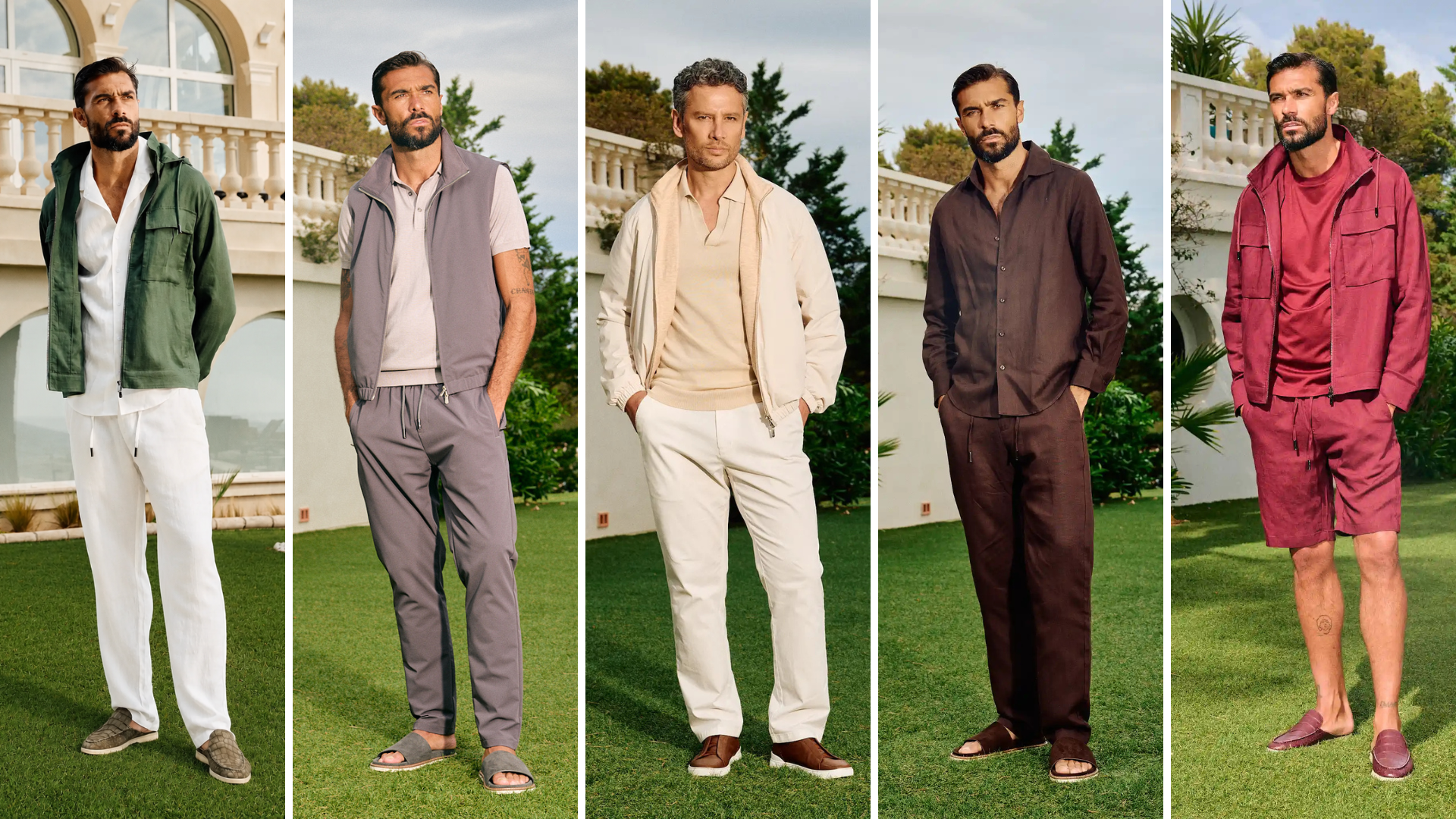 A five-panel vertical collage showing four men outdoors on a grassy lawn wearing coordinated casual and lounge outfits in different colorways: green and white, light gray and white, cream and beige, dark brown, and burgundy and pink.
