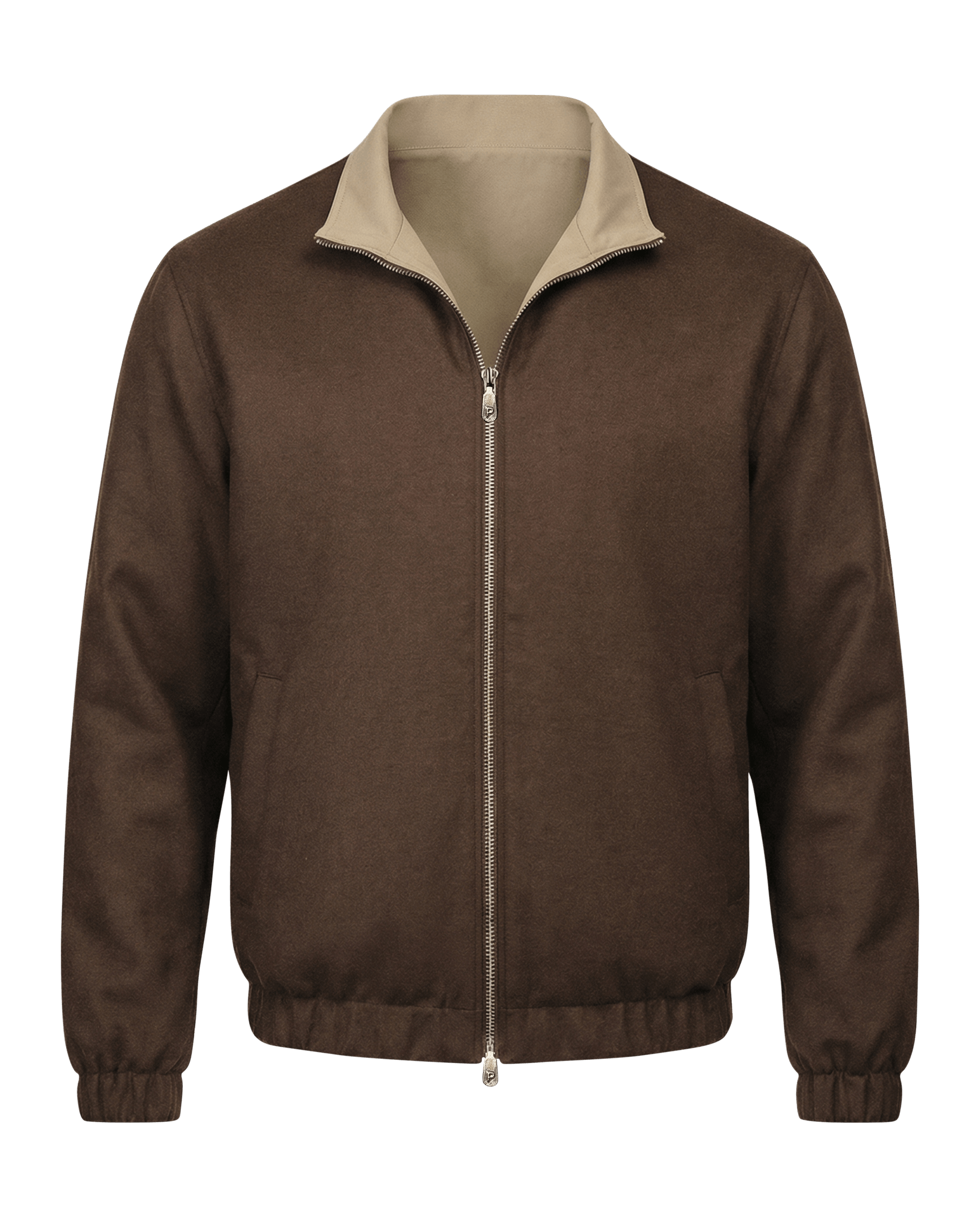 Brown jacket with beige collar on a black background
