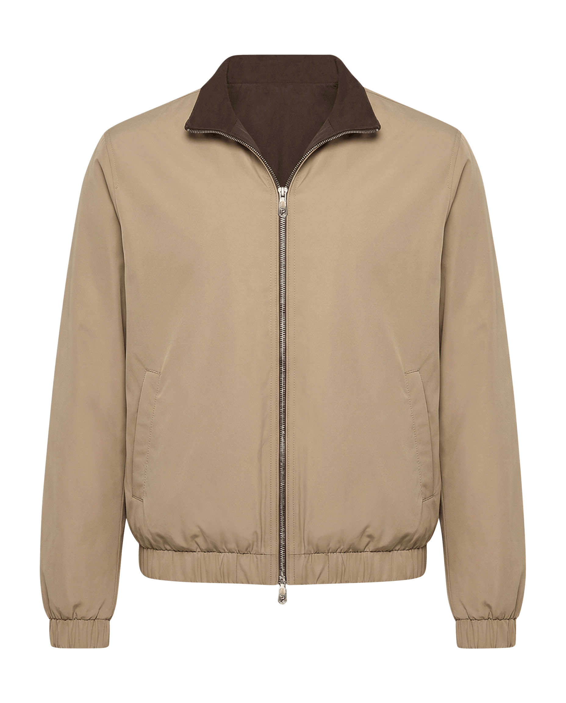 Beige jacket with brown collar on a black background