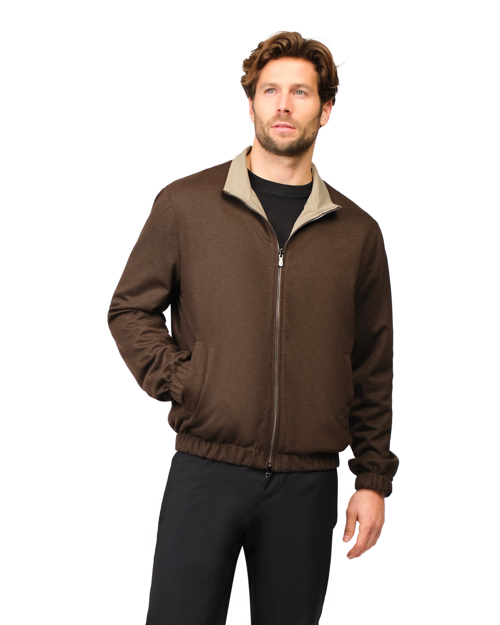 Man wearing a brown jacket with a white background