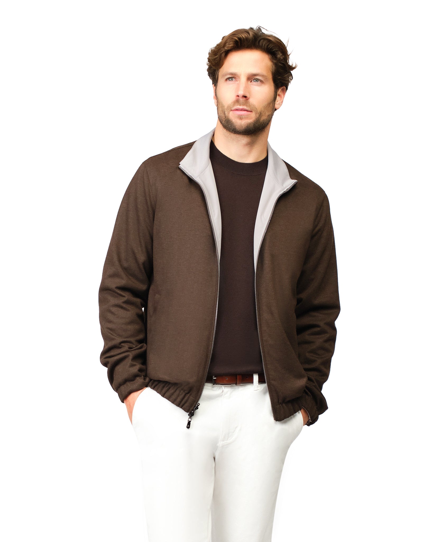 Man wearing a brown jacket with gray lining