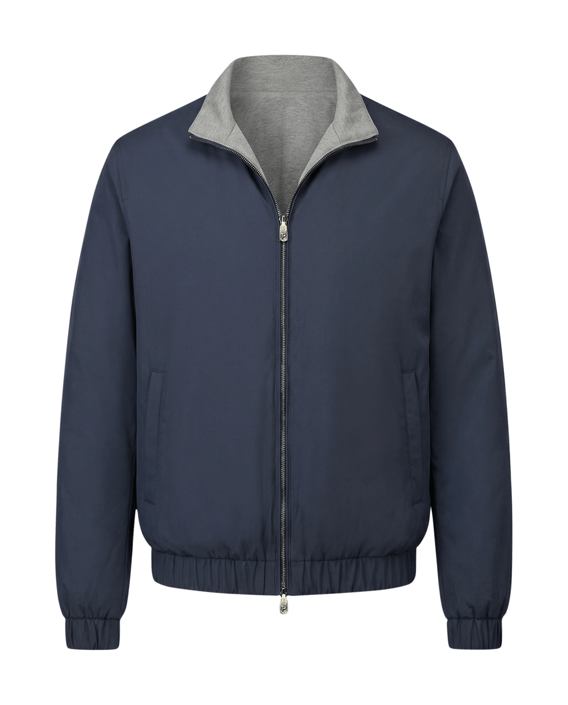 Navy blue jacket with gray collar on a black background