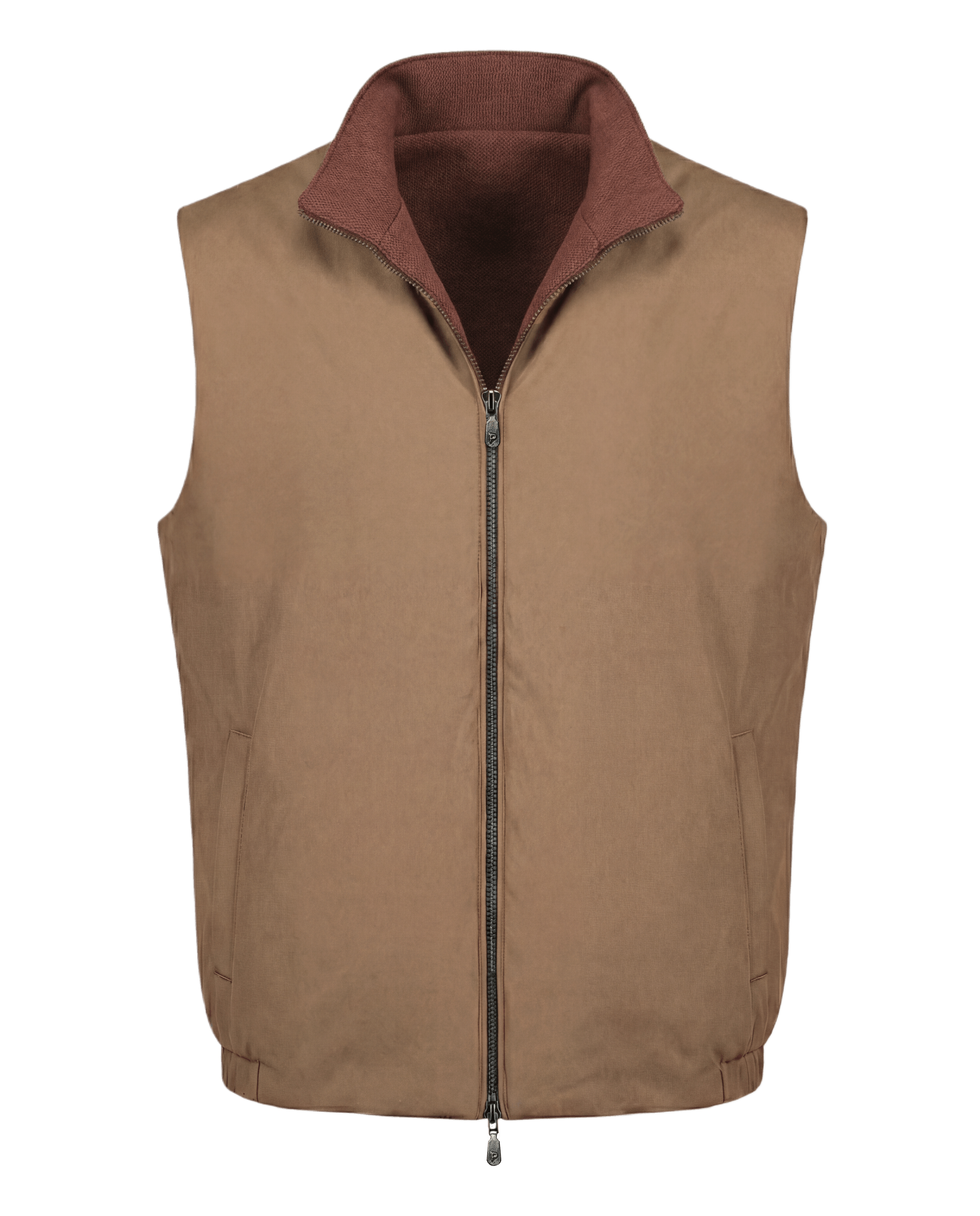 Brown vest with a maroon collar on a black background