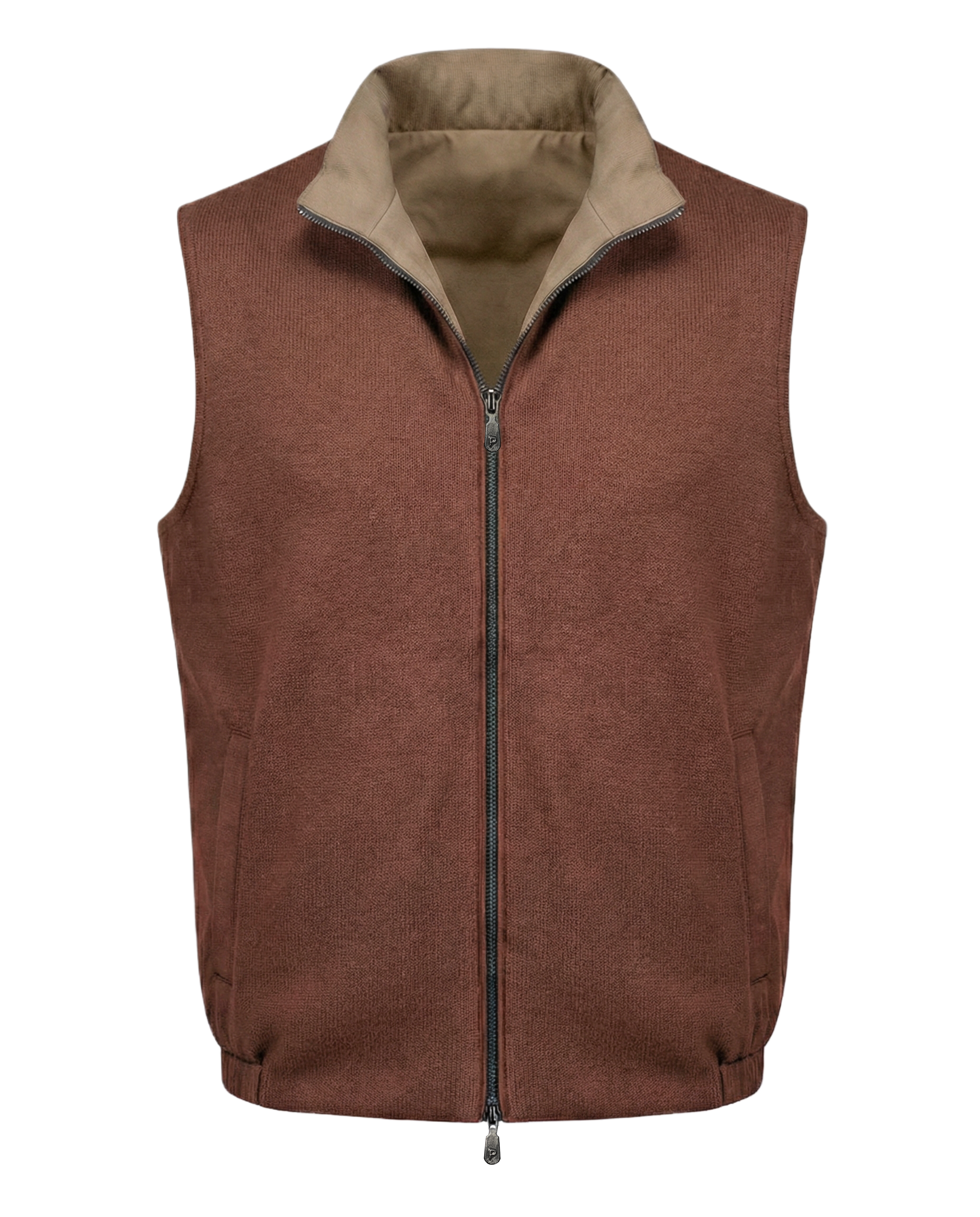 Brown vest with beige collar on a white background