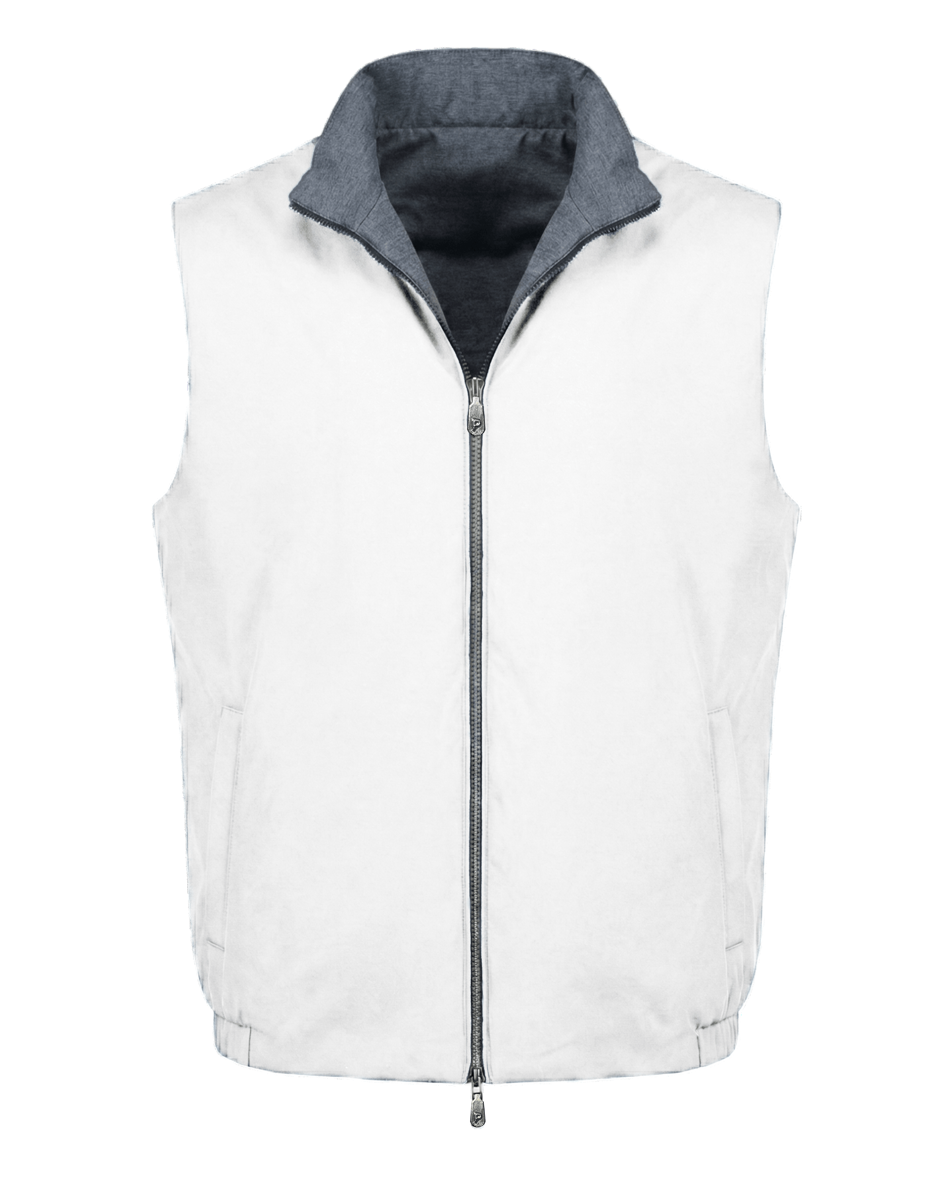 White puffer vest with gray collar on a white background