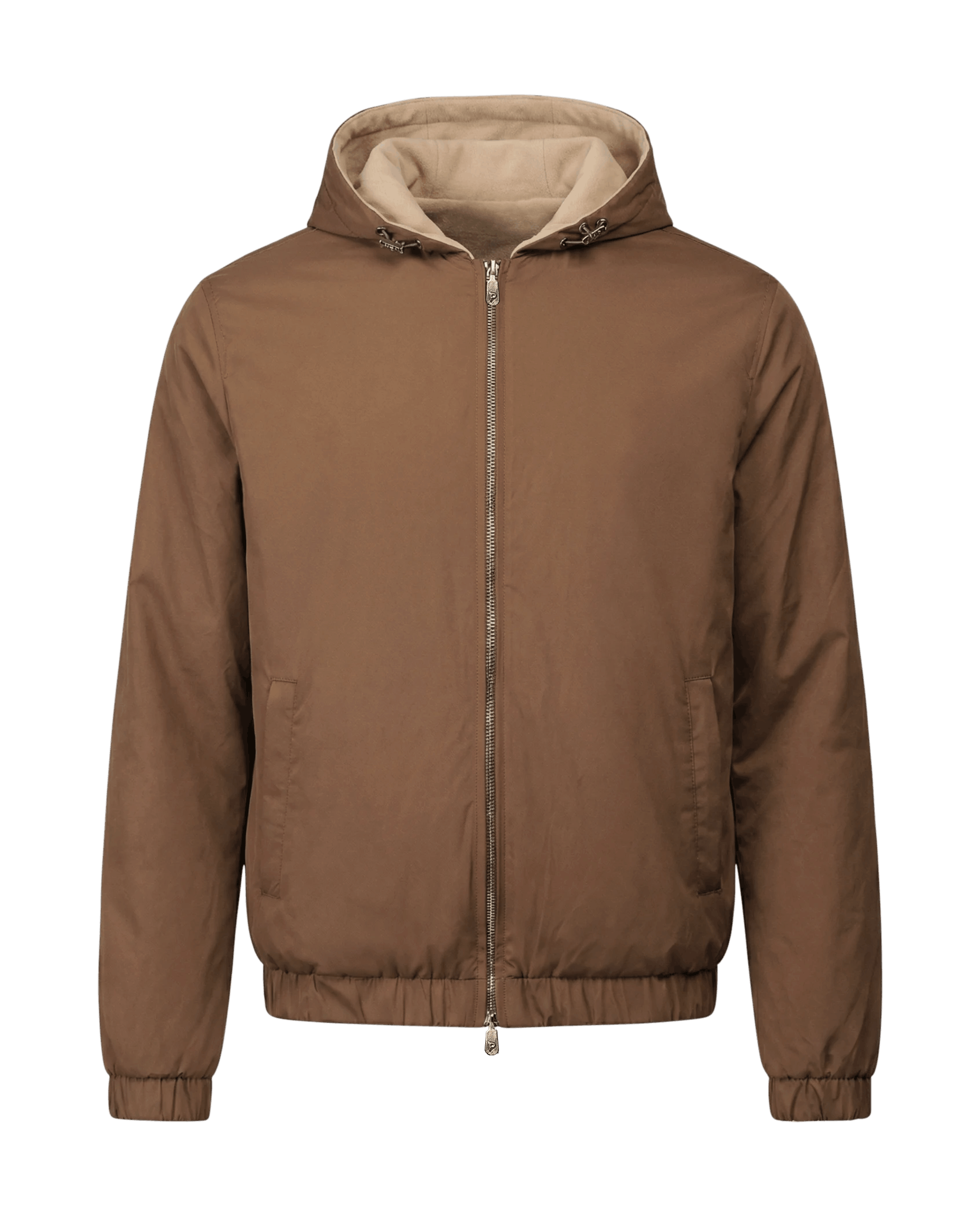 Brown jacket with a hood on a black background