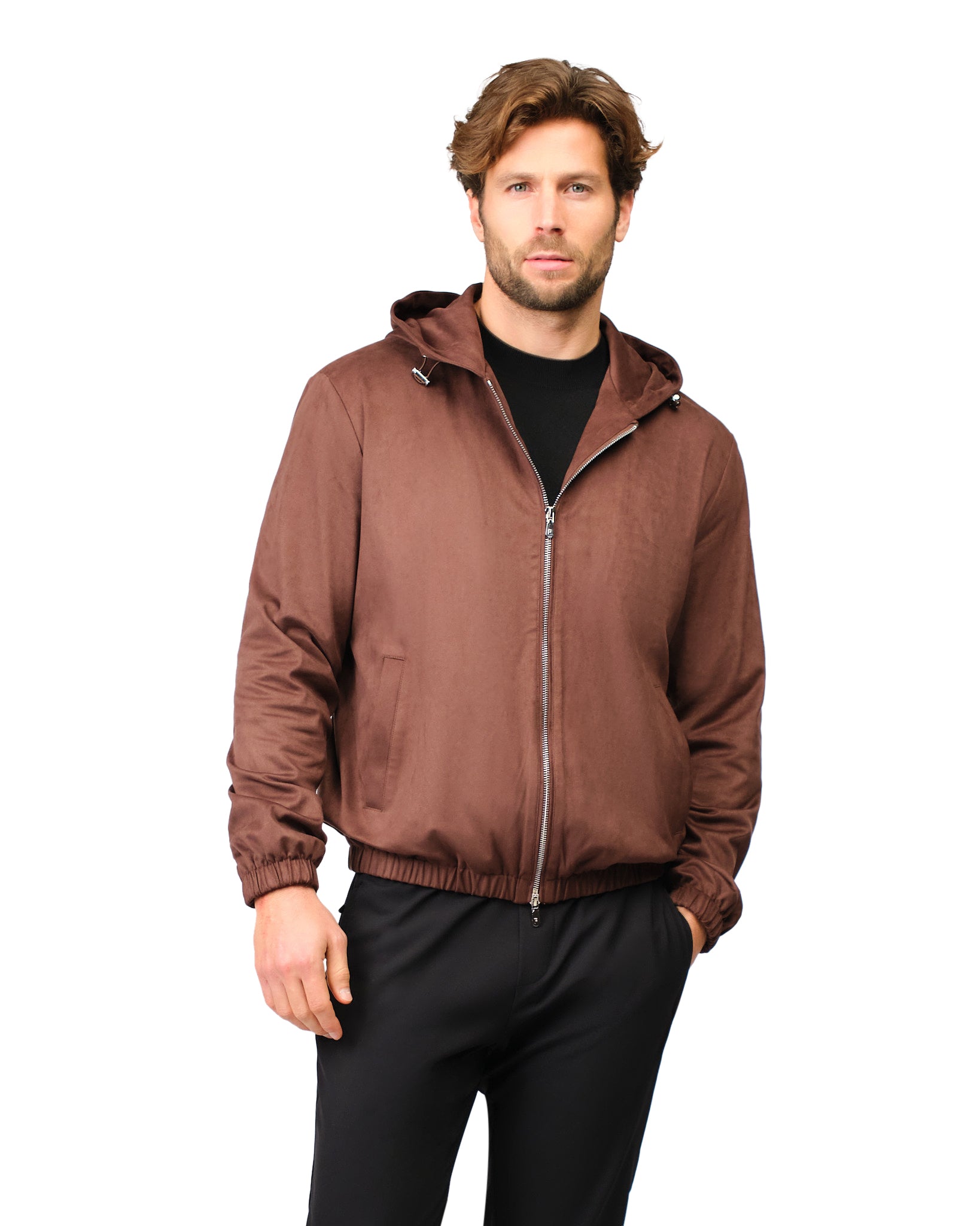 Man wearing a brown jacket on a white background