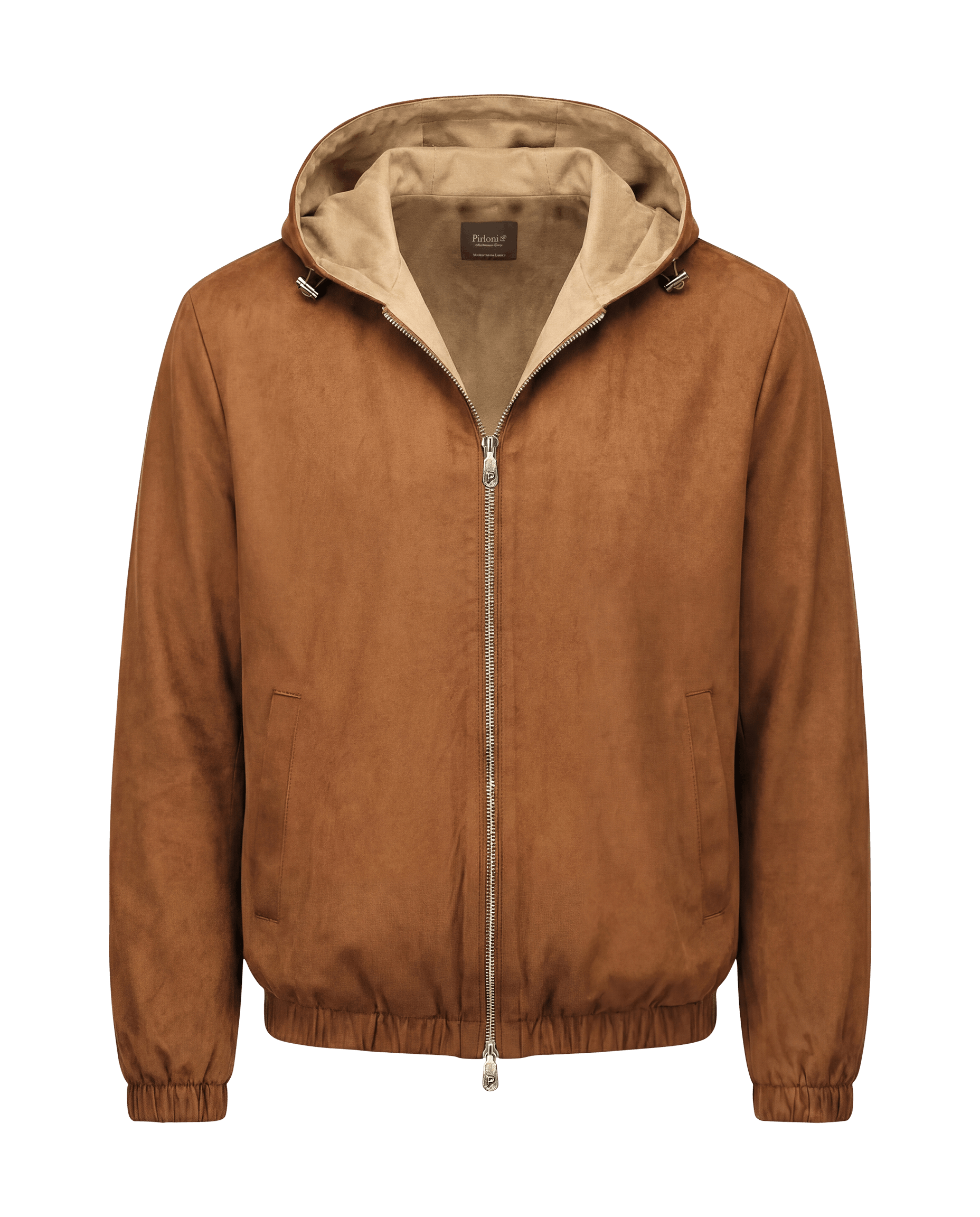 Brown jacket with beige hood on a black background