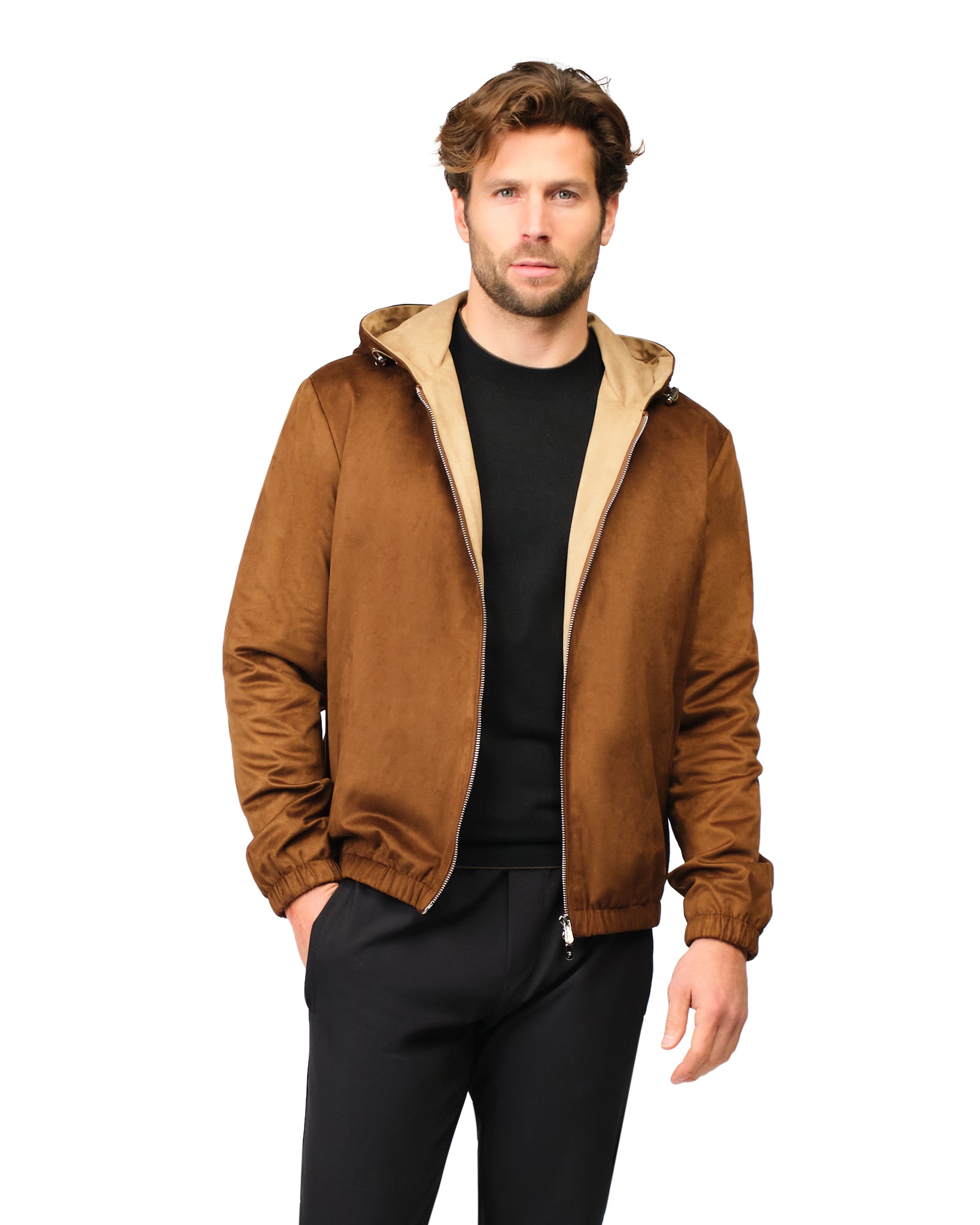 Man wearing a brown jacket with a beige hood on a white background