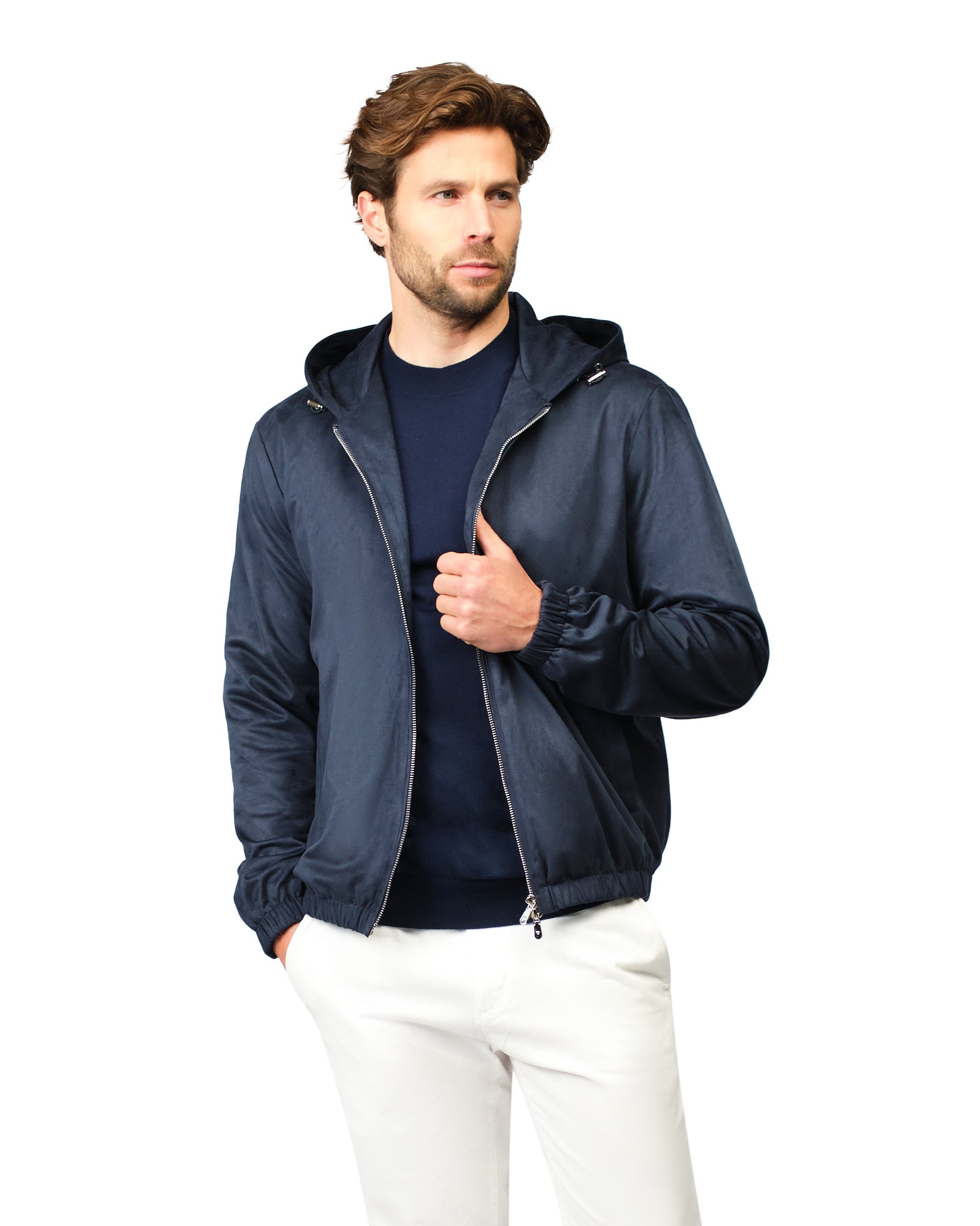 Man wearing a navy blue jacket on a white background