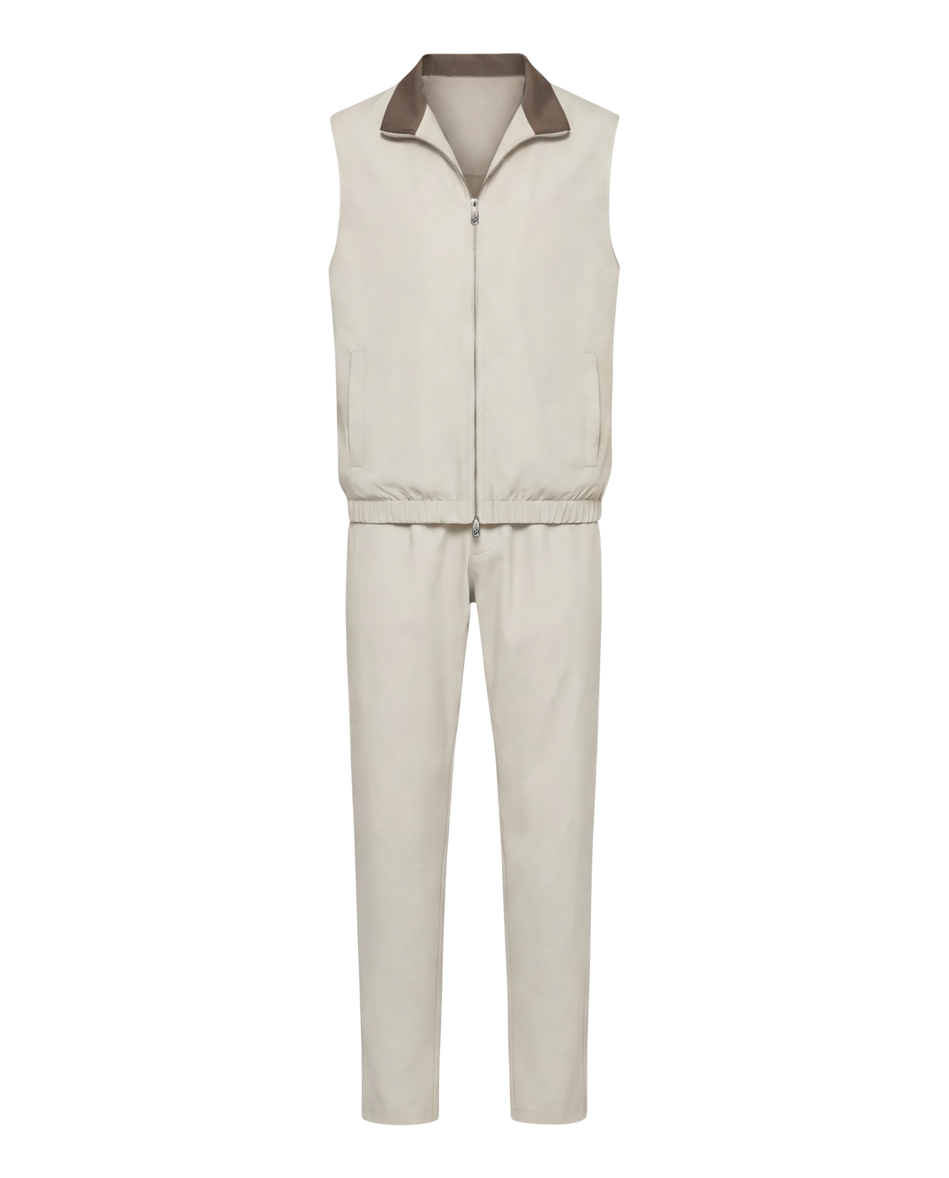 Beige sleeveless jacket and pants set on a white background