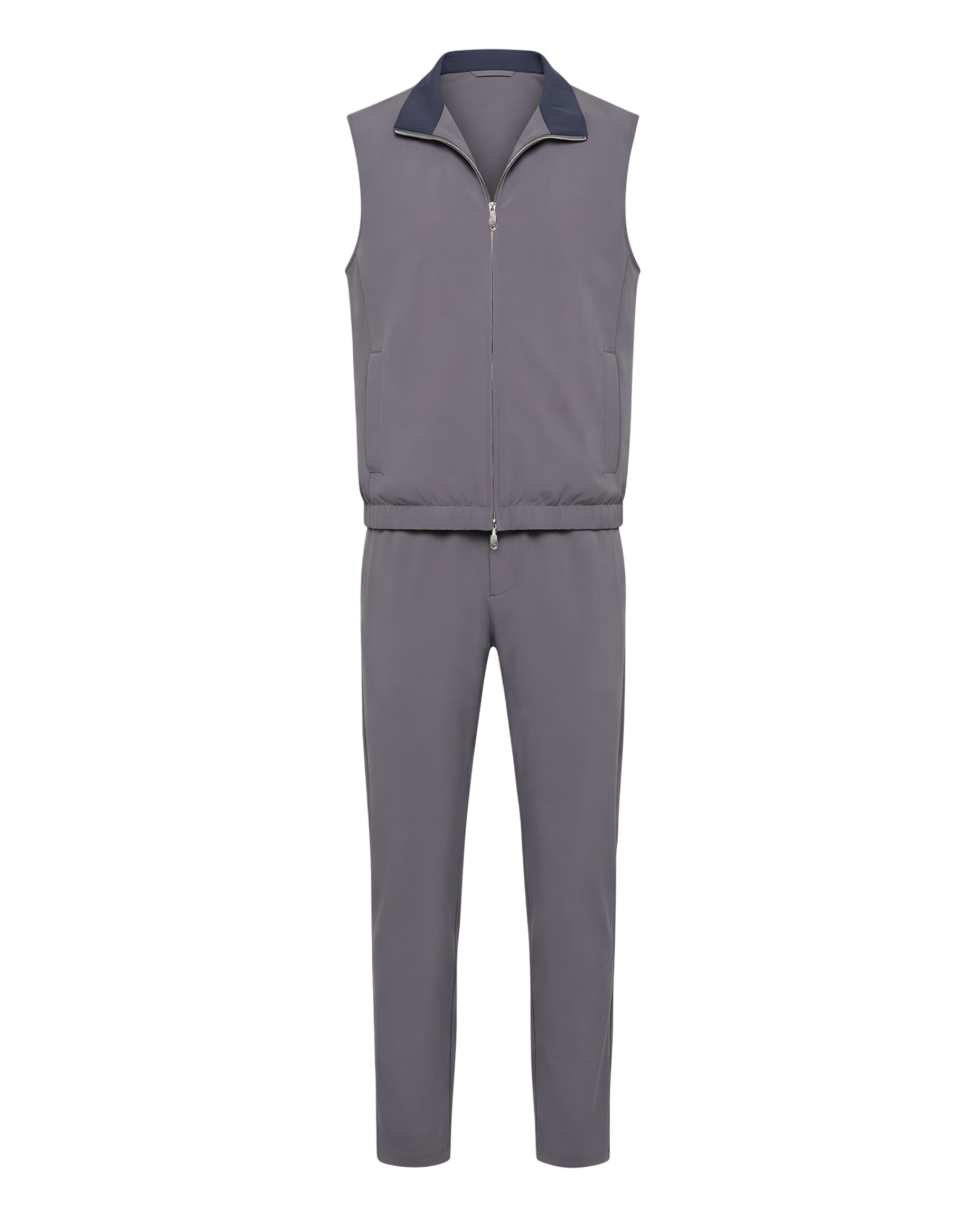 Gray sleeveless jacket and pants set on a white background