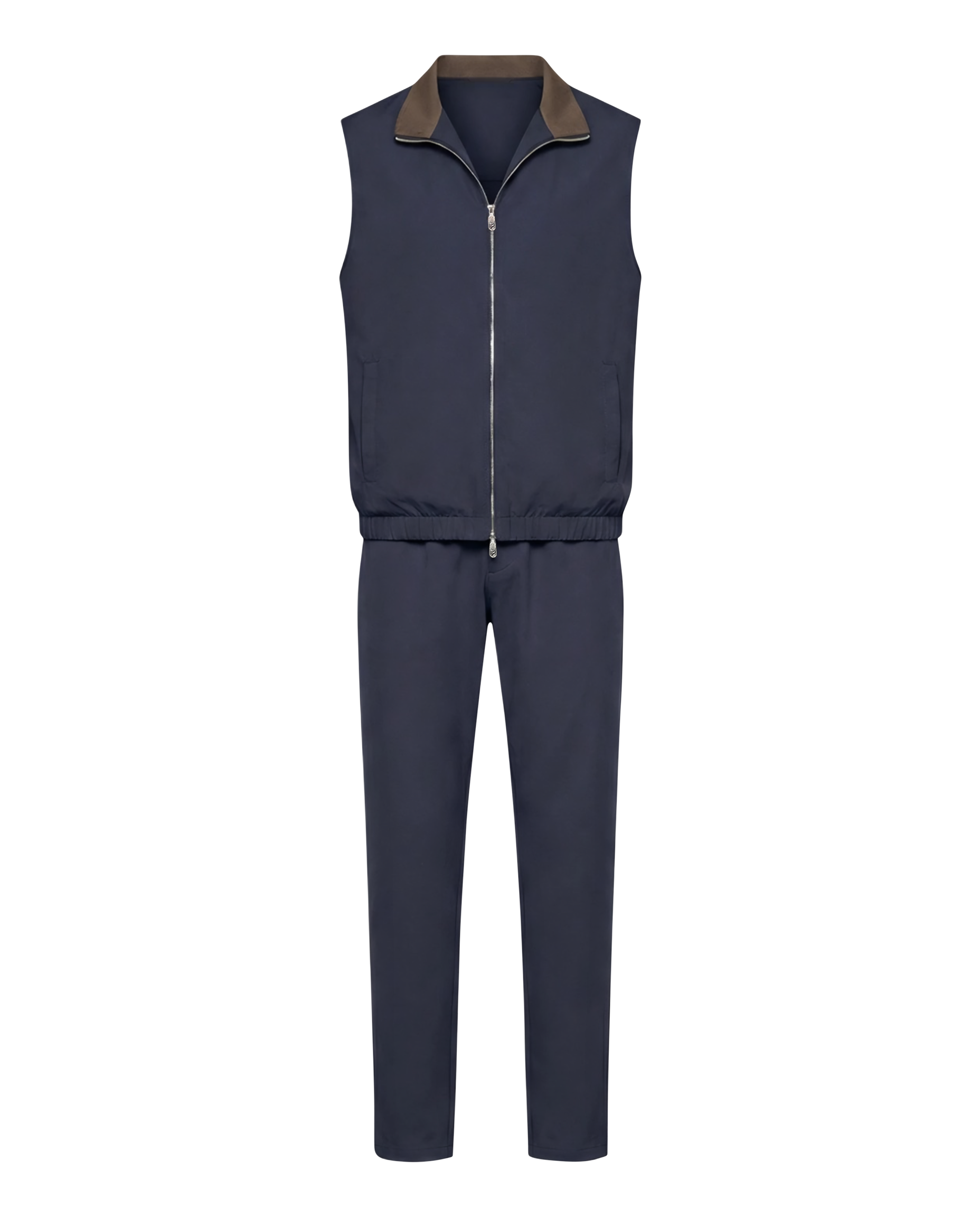 Navy blue sleeveless jacket and pants set on a white background