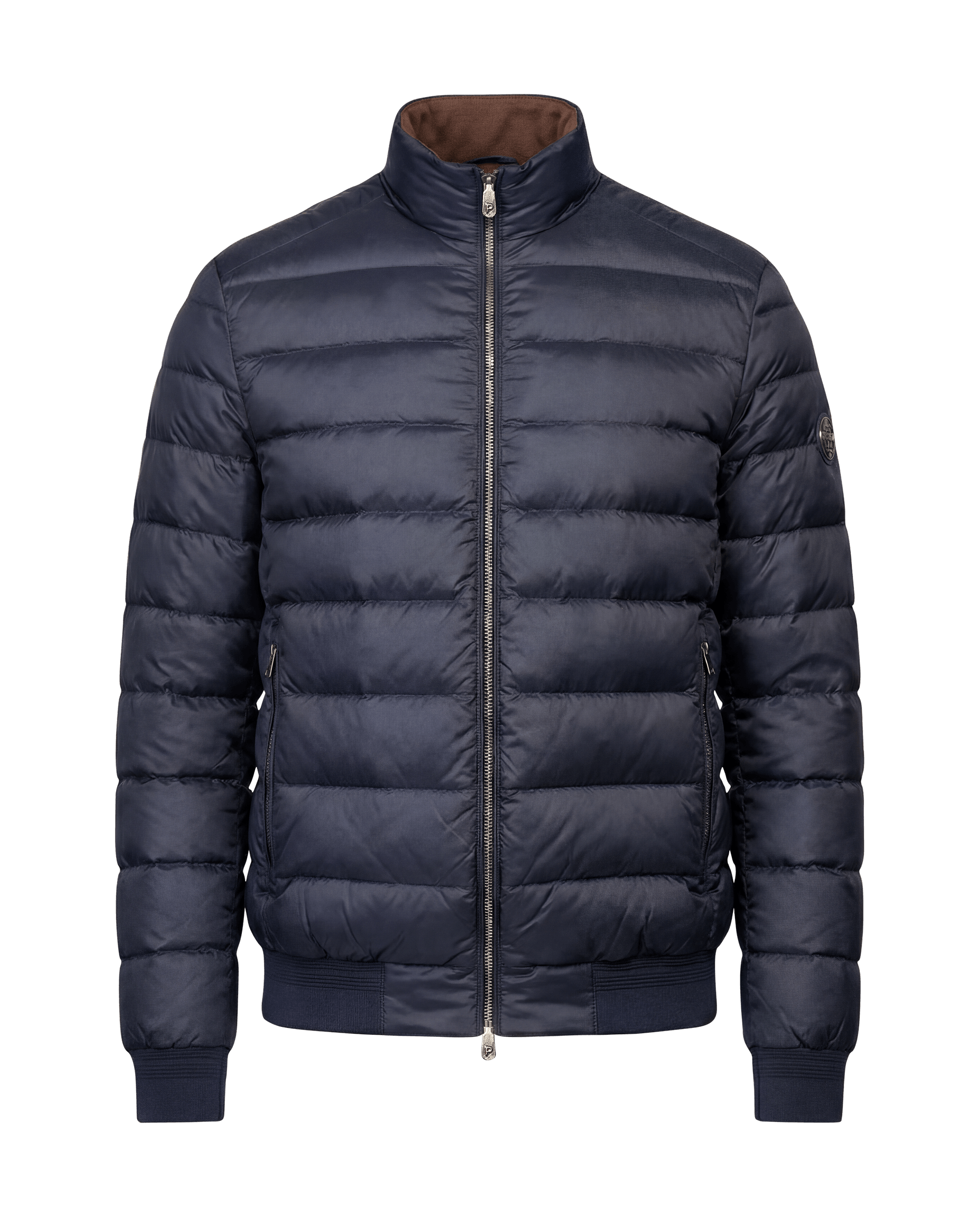 Tweekleurige donsjas in marineblauw/bruin