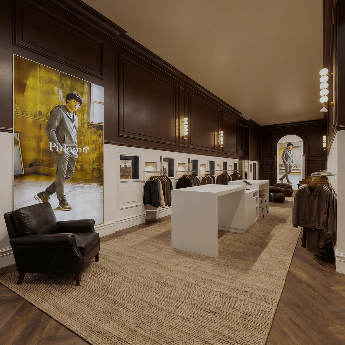 Modern interior design of a clothing store with dark wood paneling and a large mirror.
