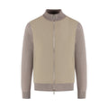 Beige and brown zip-up sweater on a white background
