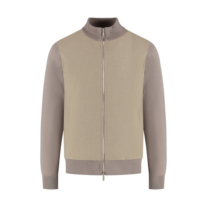 Beige and brown zip-up sweater on a white background
