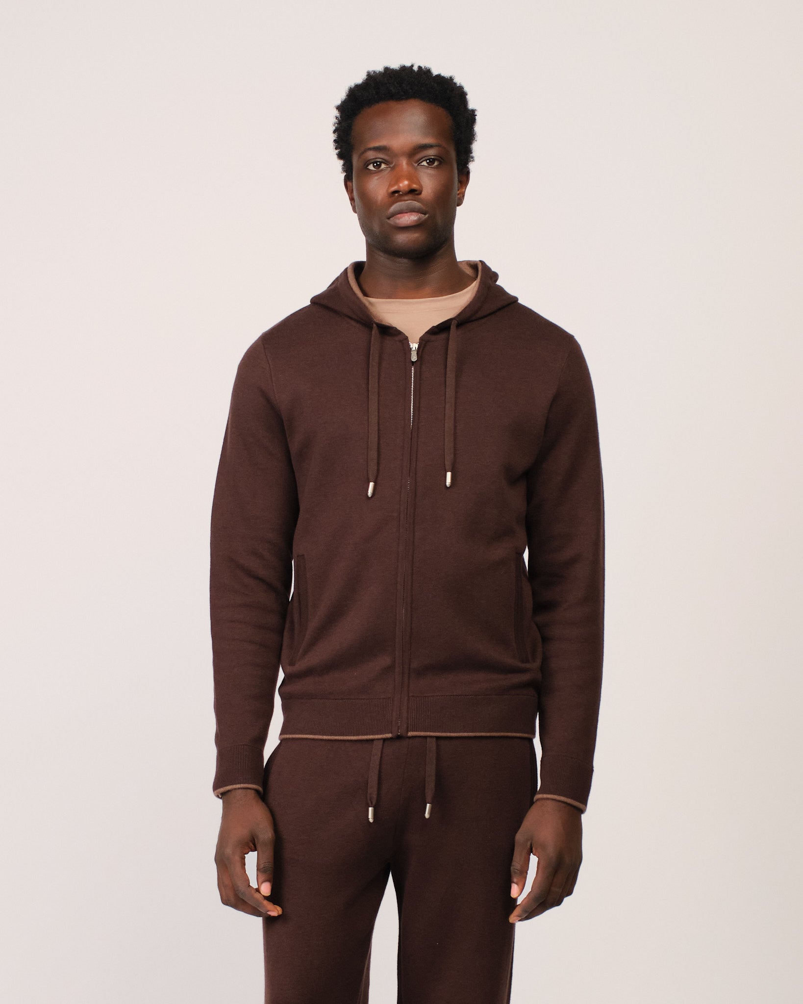 Two Tone Knitwear Tracksuit Dark Brown Beige