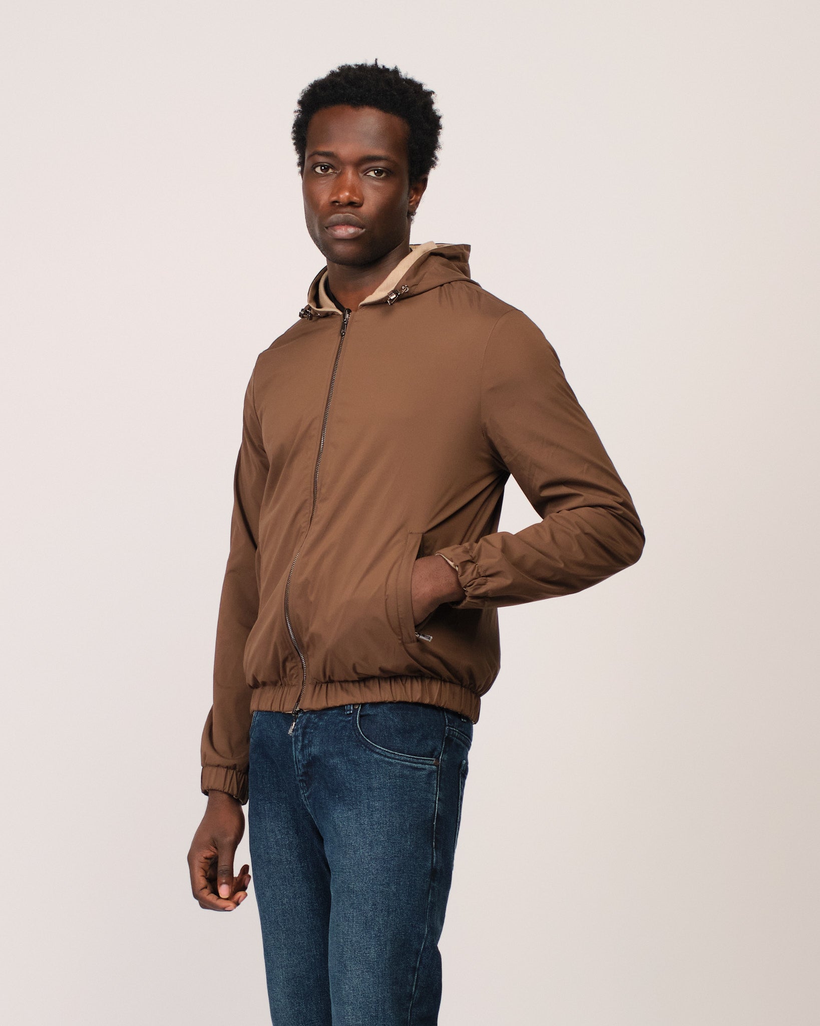 Reversible Hooded Wool City Jacket Beige Brown