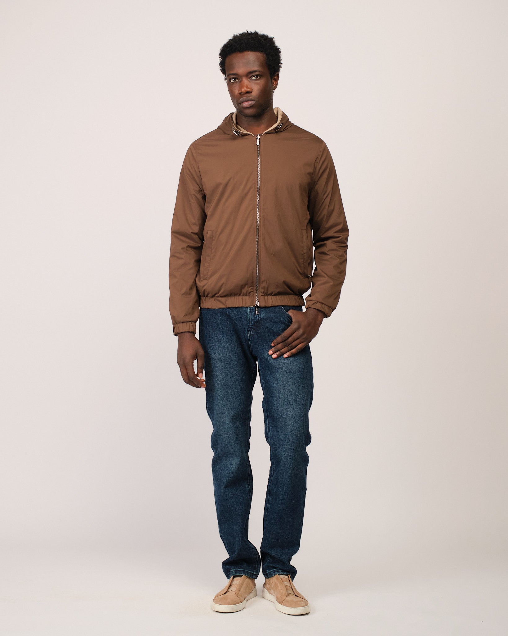 Reversible Hooded Wool City Jacket Beige Brown