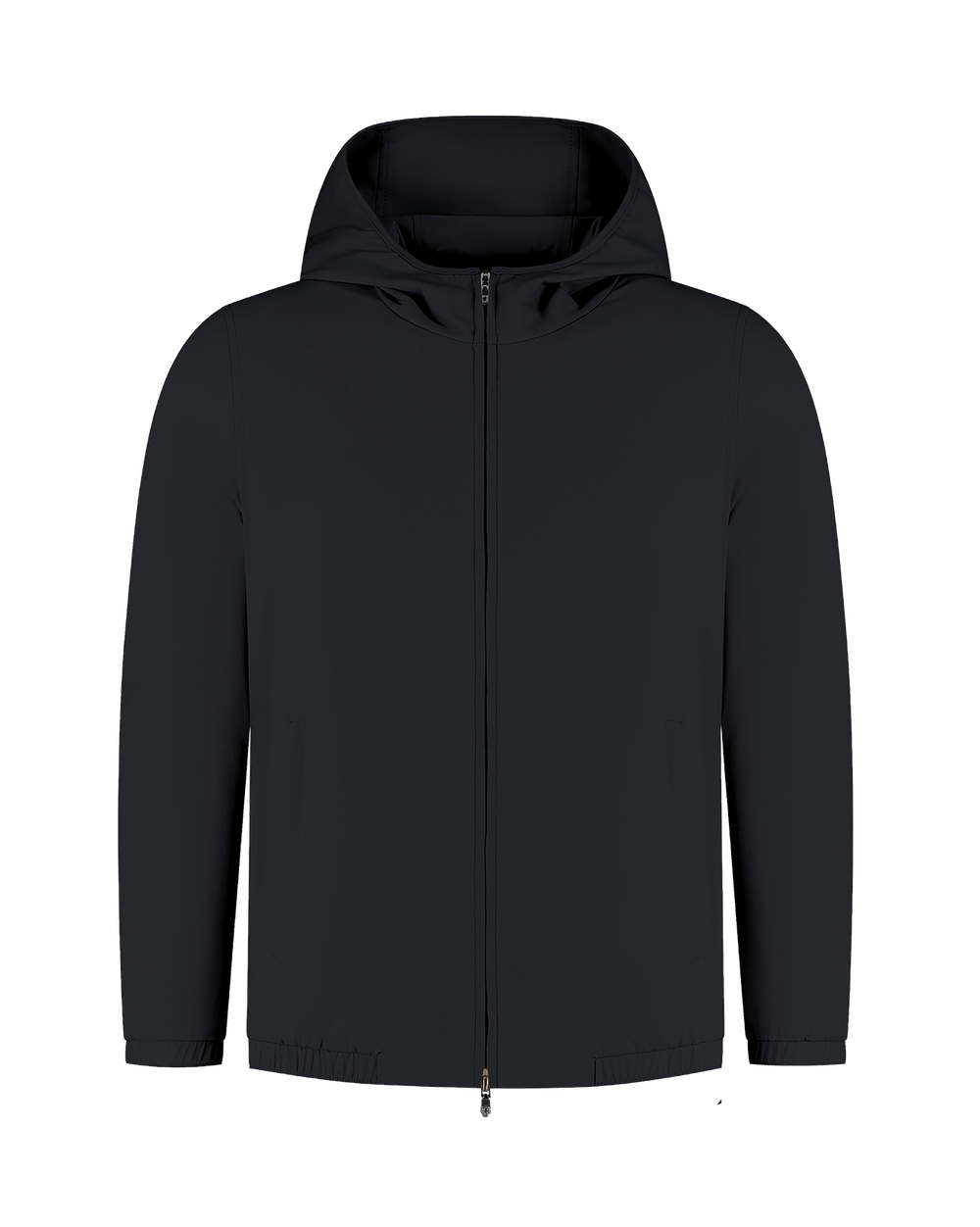 Navy blue hooded jacket on a white background