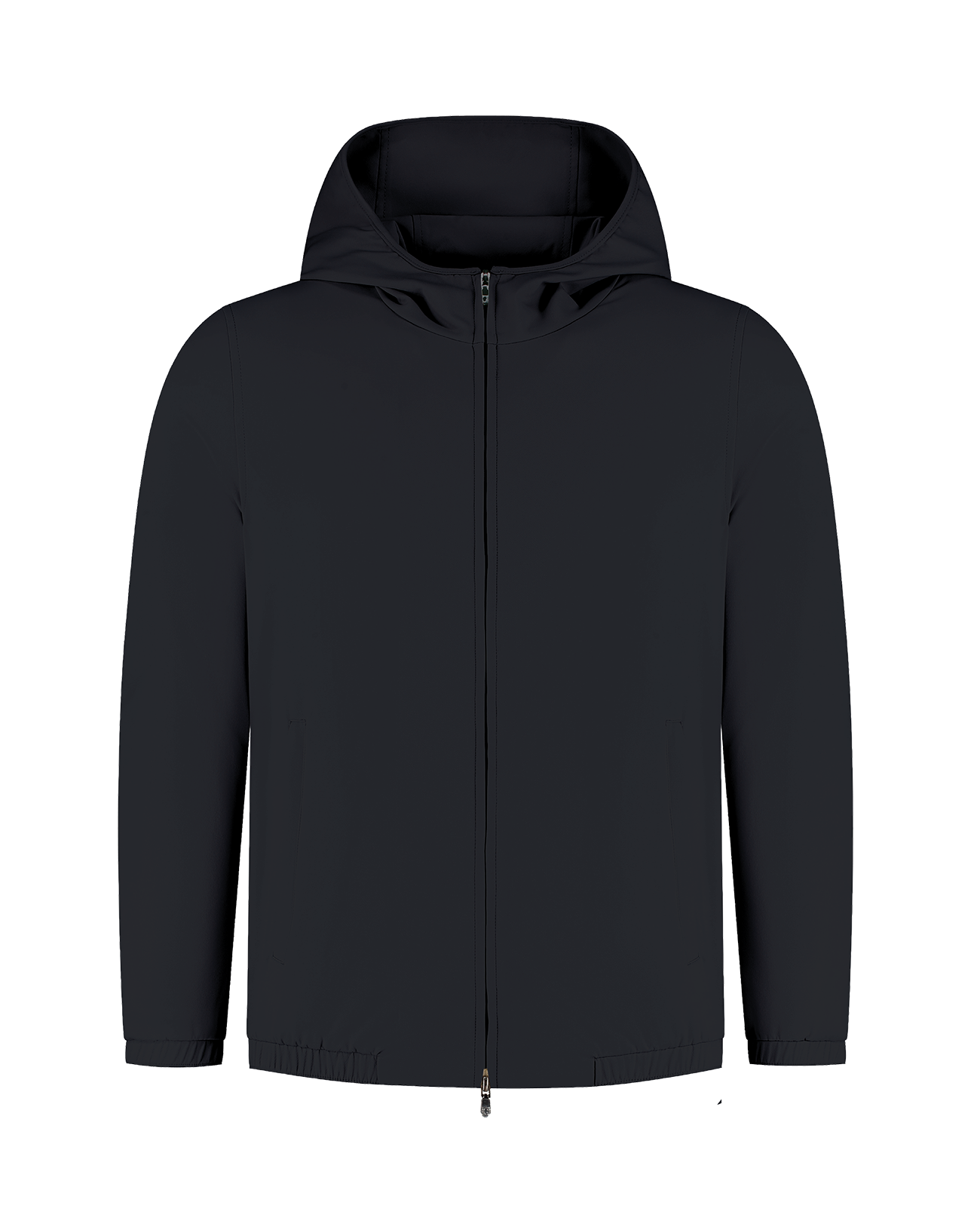Navy blue hooded jacket on a white background