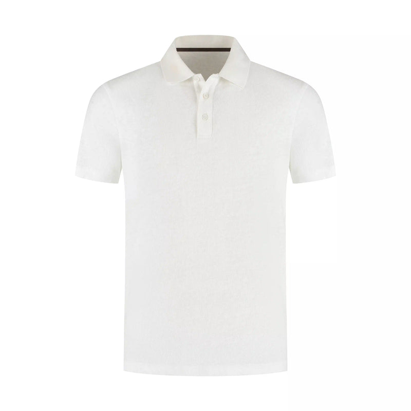 Ivory men's linen polo shirt with modern relaxed fit, breathable lightweight summer wear style
