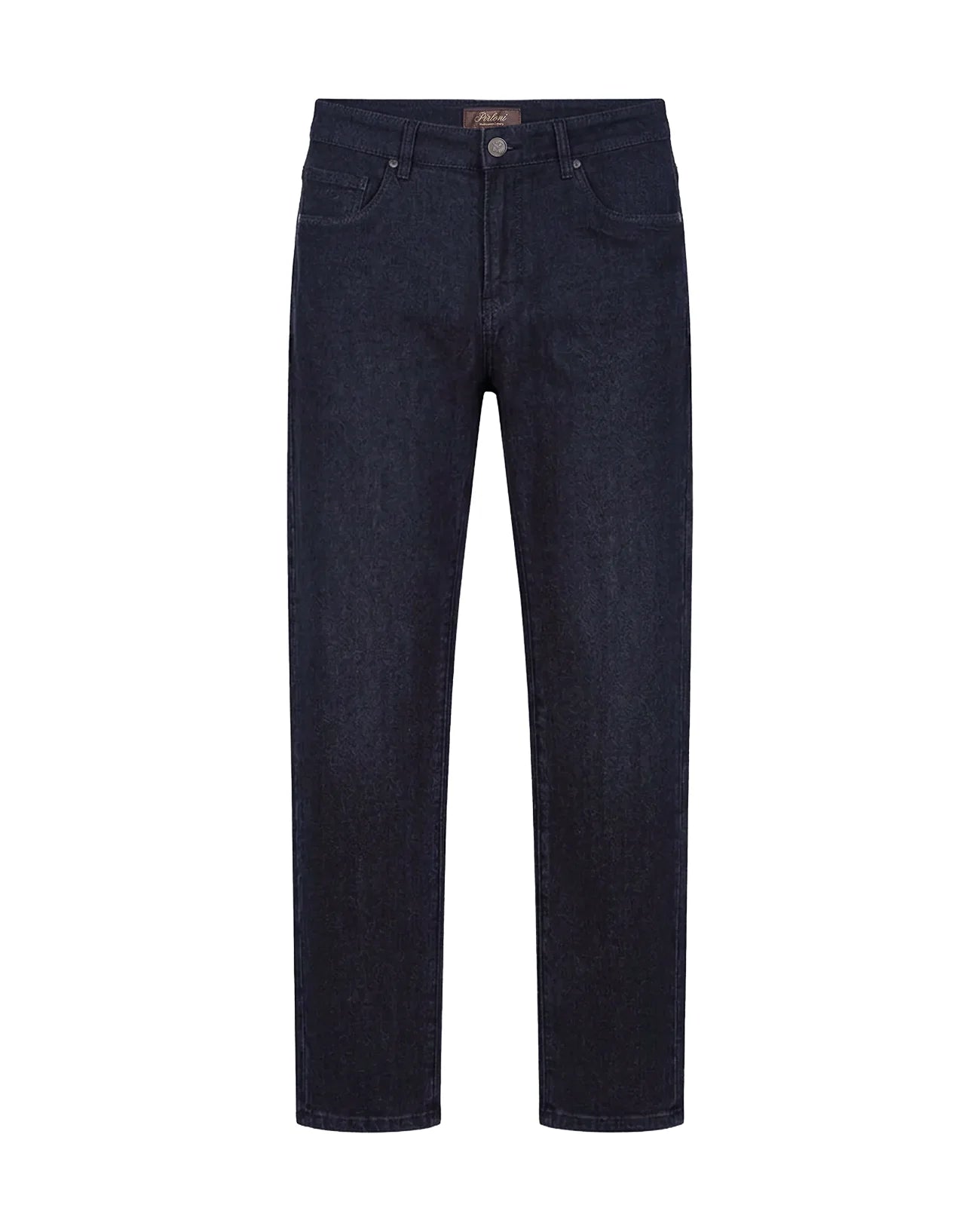 Dark navy blue denim jeans shown flat against a solid white background.