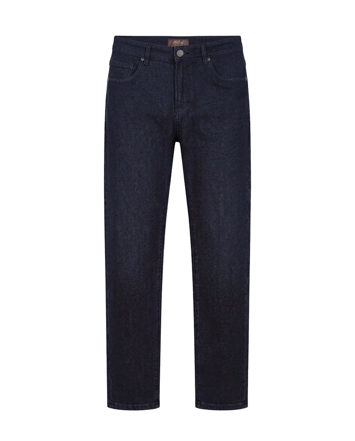 Dark navy blue denim jeans shown flat against a solid white background.