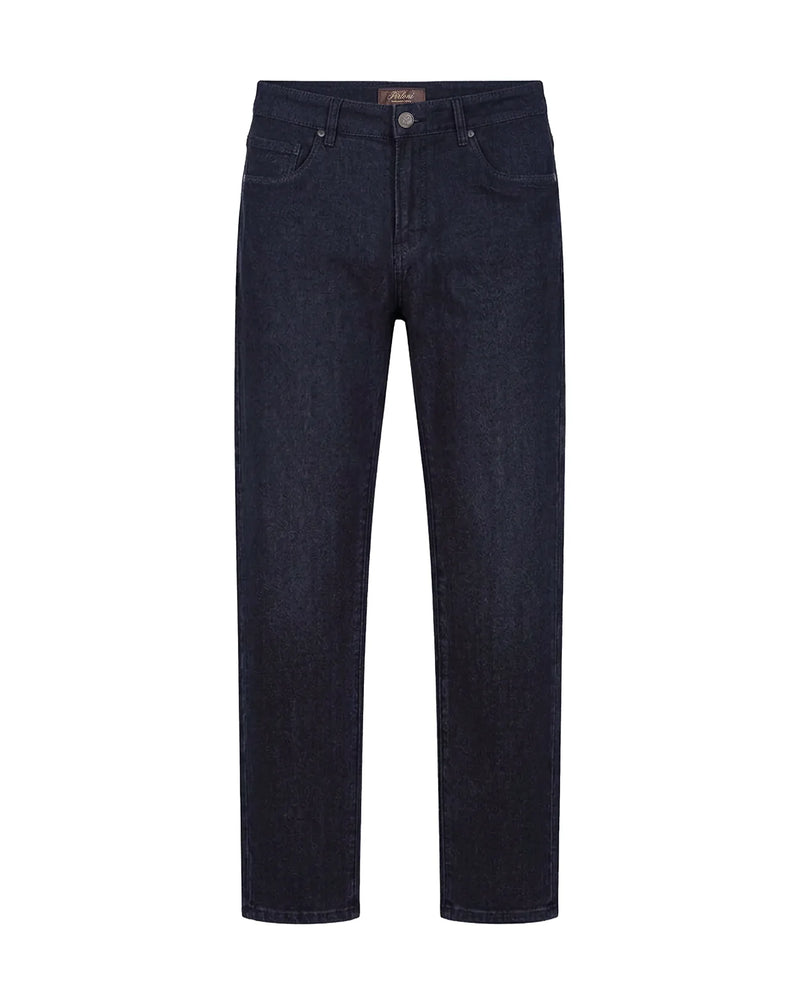 Dark navy blue denim jeans shown flat against a solid white background.