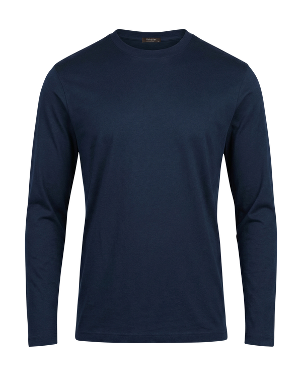 Navy blue long-sleeve shirt on a white background